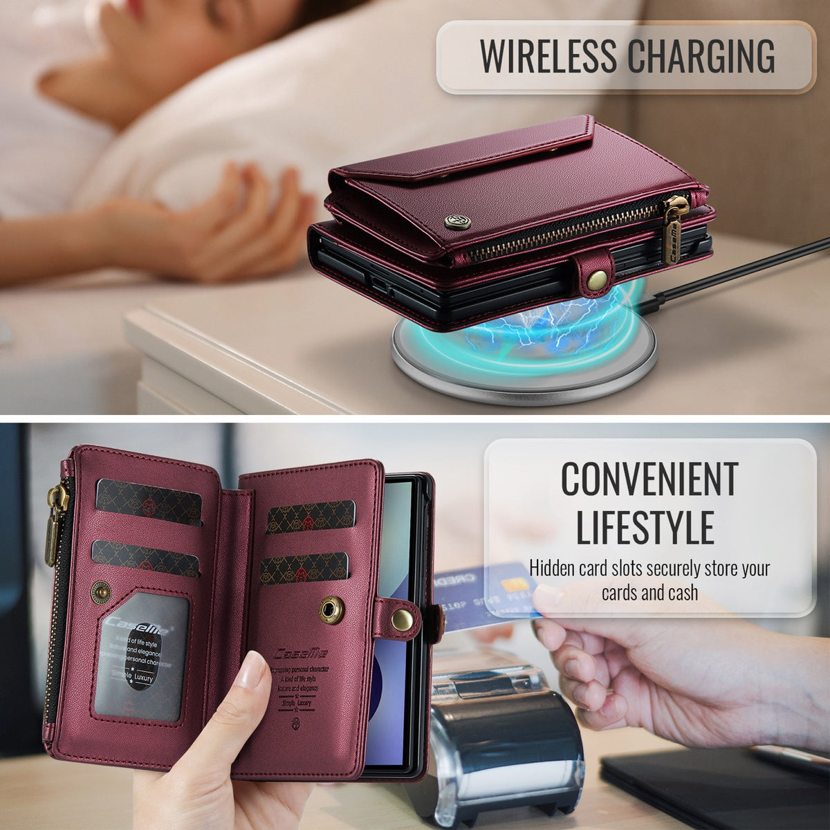 Galaxy Z Fold 8 CaseMe Crossbody Wallet Case with Strap, Card Slots & Zipper Pocket [Maroon]