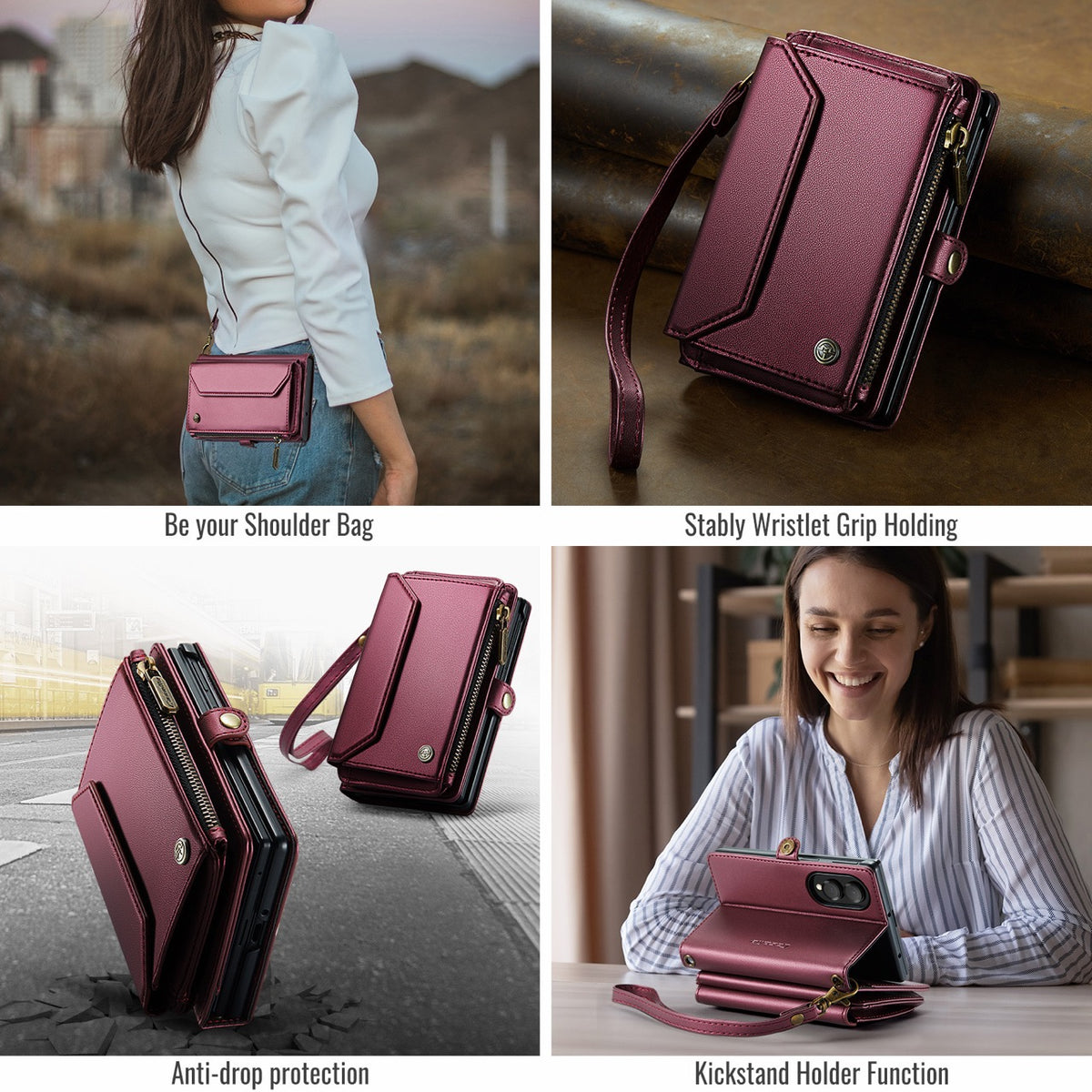 Galaxy Z Fold 8 CaseMe Crossbody Wallet Case with Strap, Card Slots & Zipper Pocket [Maroon]