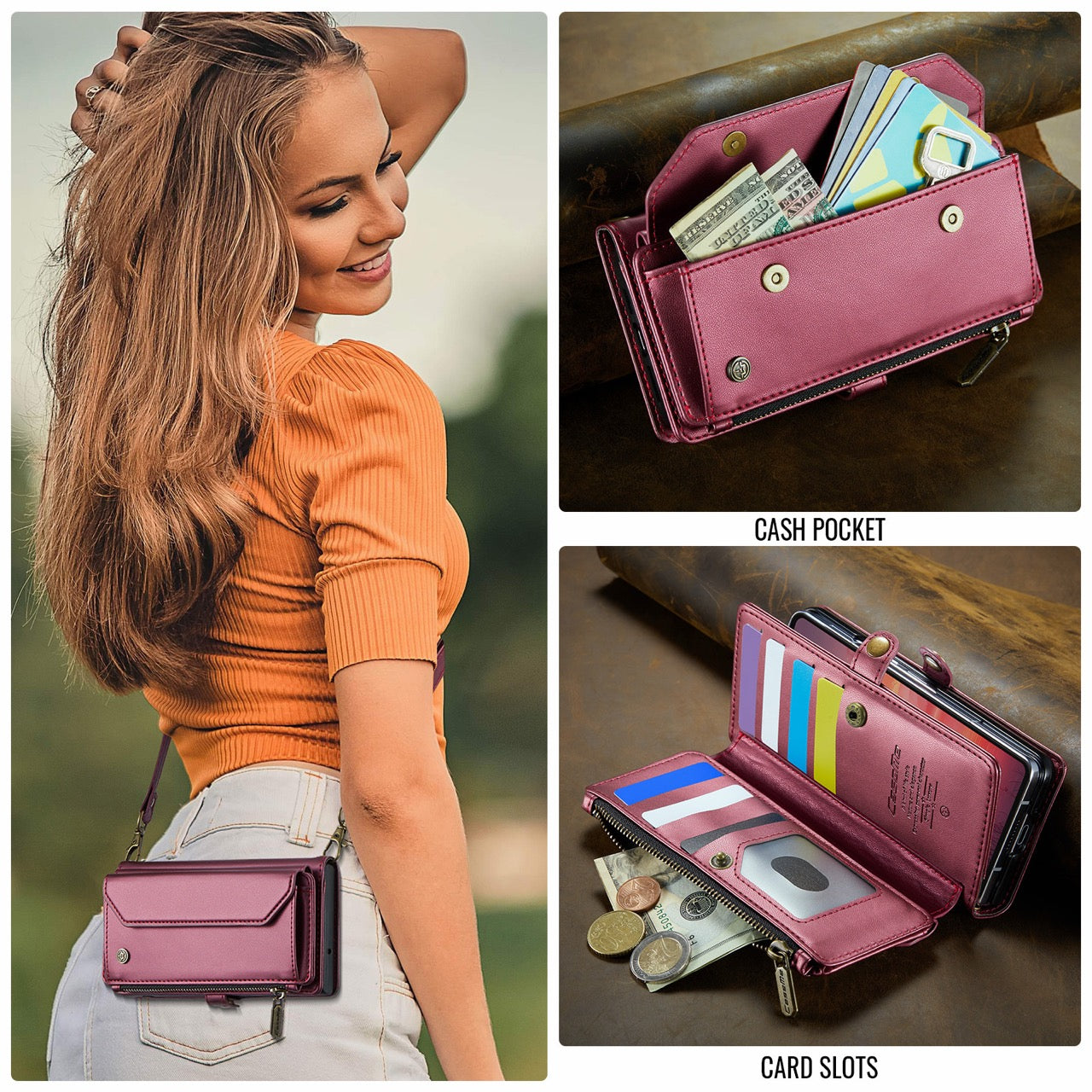 Galaxy Z Fold 8 CaseMe Crossbody Wallet Case with Strap, Card Slots & Zipper Pocket [Maroon]