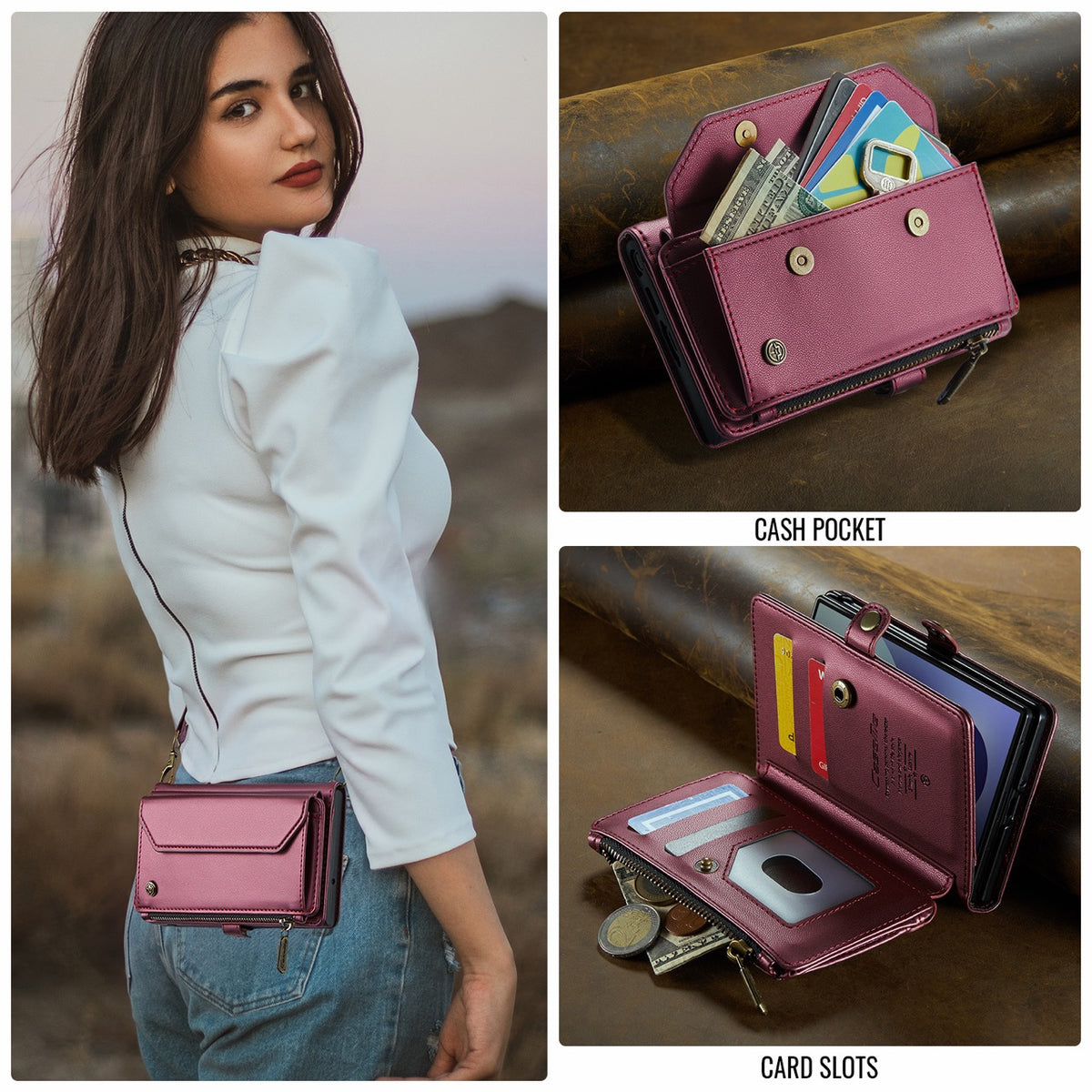 Galaxy Z Fold 8 CaseMe Crossbody Wallet Case with Strap, Card Slots & Zipper Pocket [Maroon]