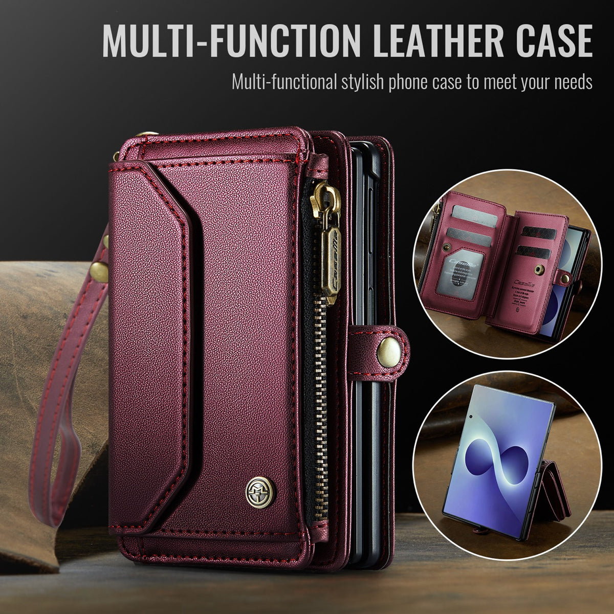 Galaxy Z Fold 8 CaseMe Crossbody Wallet Case with Strap, Card Slots & Zipper Pocket [Maroon]