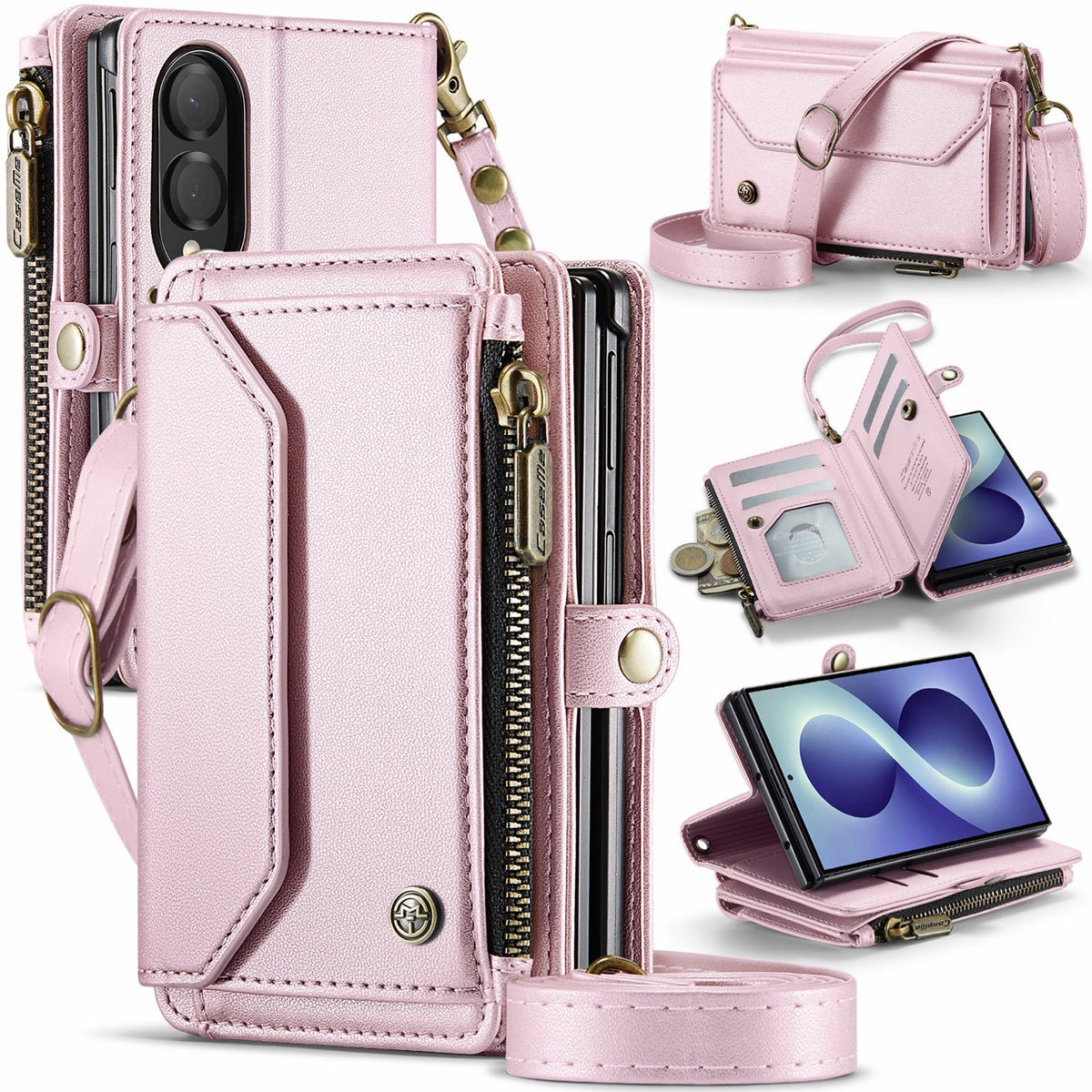 Galaxy Z Fold 8 CaseMe Crossbody Wallet Case with Strap, Card Slots & Zipper Pocket [Pink]