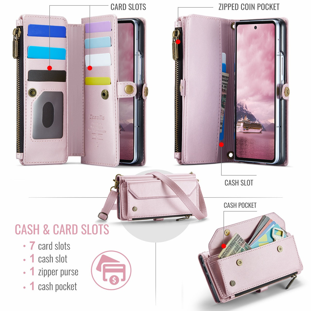 Galaxy Z Fold 8 CaseMe Crossbody Wallet Case with Strap, Card Slots & Zipper Pocket [Pink]
