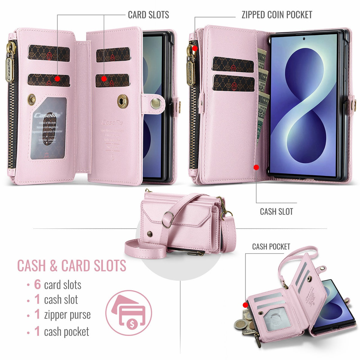 Galaxy Z Fold 8 CaseMe Crossbody Wallet Case with Strap, Card Slots & Zipper Pocket [Pink]