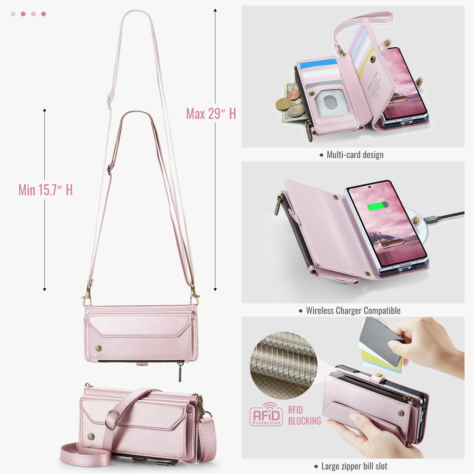 Galaxy Z Fold 8 CaseMe Crossbody Wallet Case with Strap, Card Slots & Zipper Pocket [Pink]