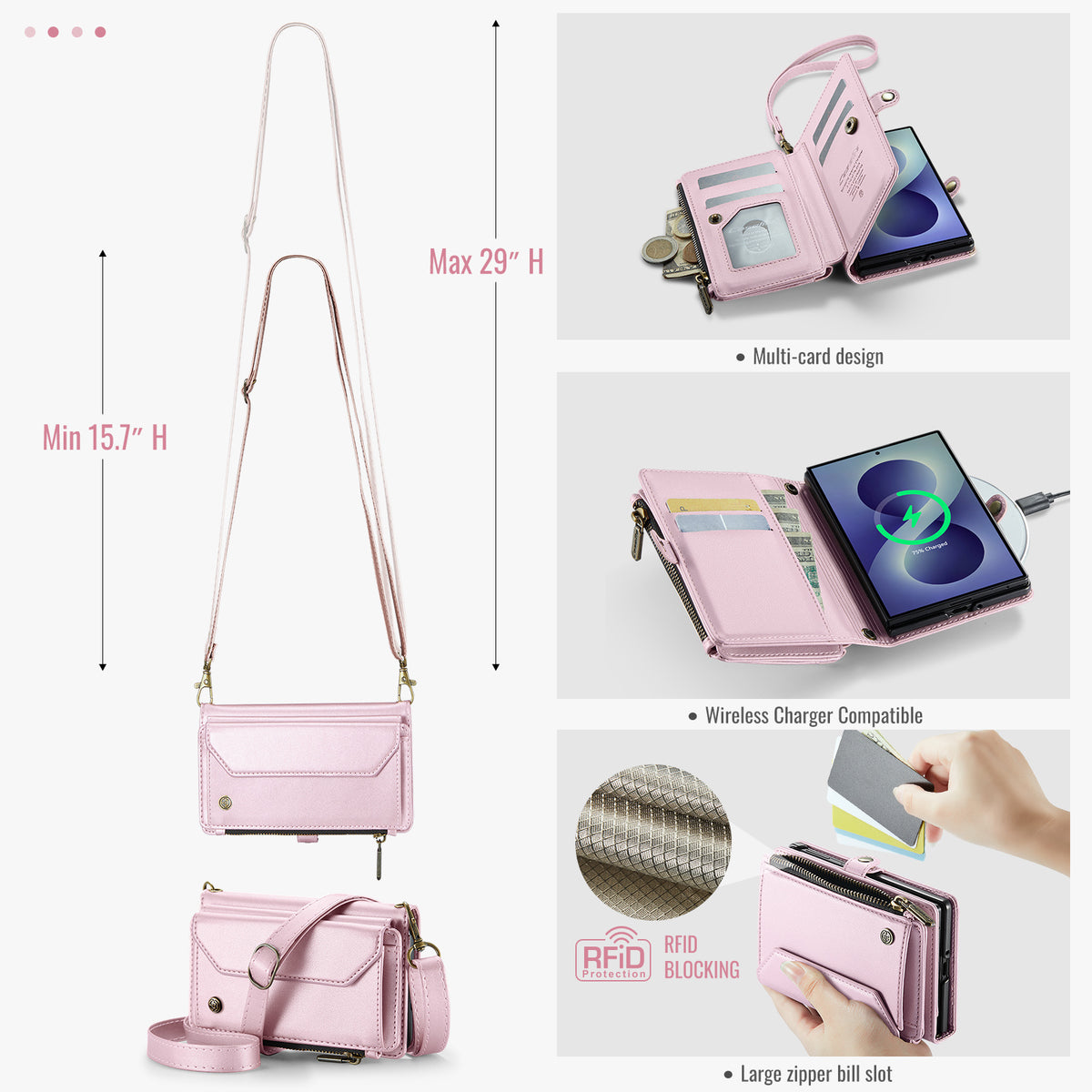 Galaxy Z Fold 8 CaseMe Crossbody Wallet Case with Strap, Card Slots & Zipper Pocket [Pink]