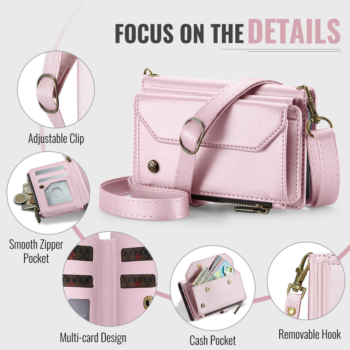 Galaxy Z Fold 8 CaseMe Crossbody Wallet Case with Strap, Card Slots & Zipper Pocket [Pink]