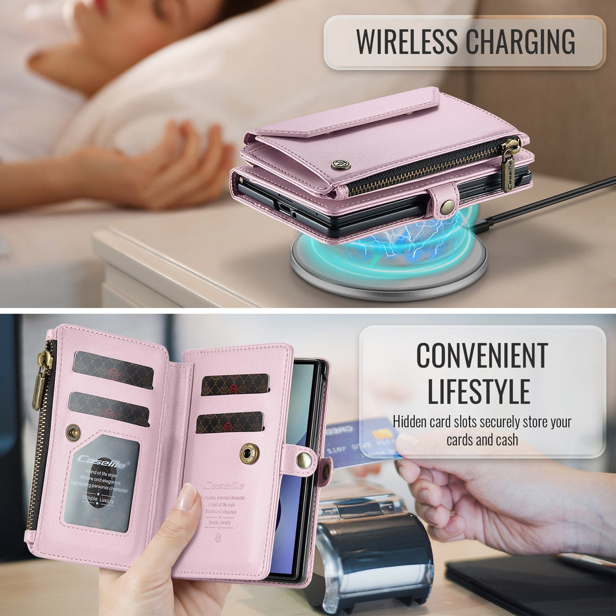 Galaxy Z Fold 8 CaseMe Crossbody Wallet Case with Strap, Card Slots & Zipper Pocket [Pink]
