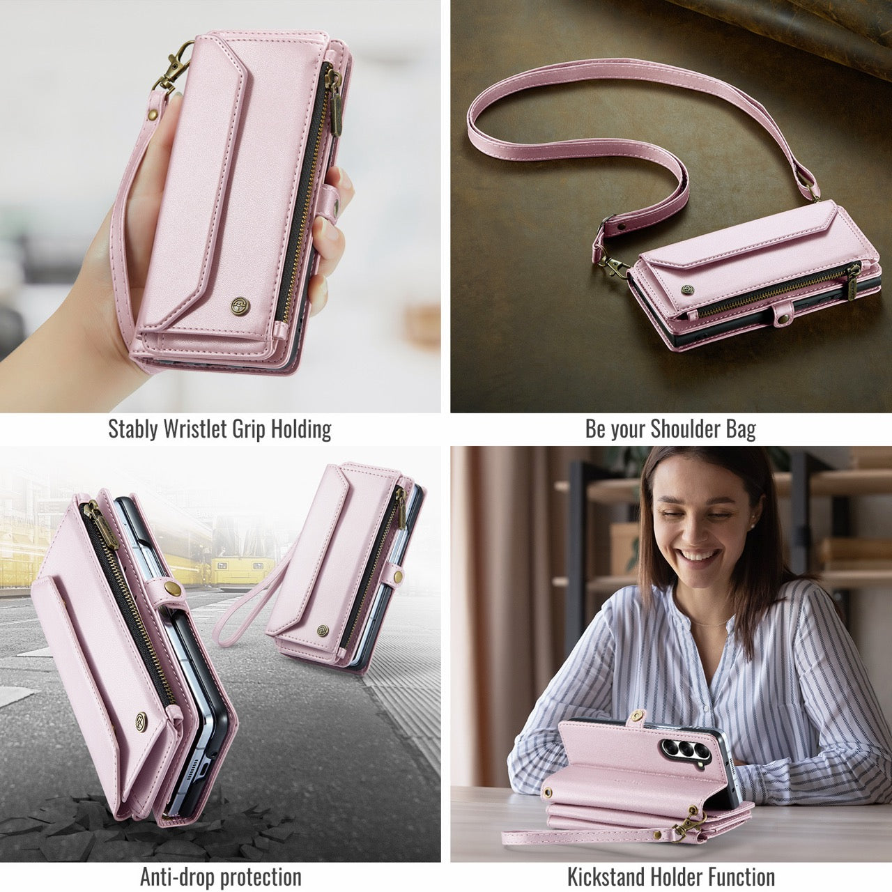 Galaxy Z Fold 8 CaseMe Crossbody Wallet Case with Strap, Card Slots & Zipper Pocket [Pink]
