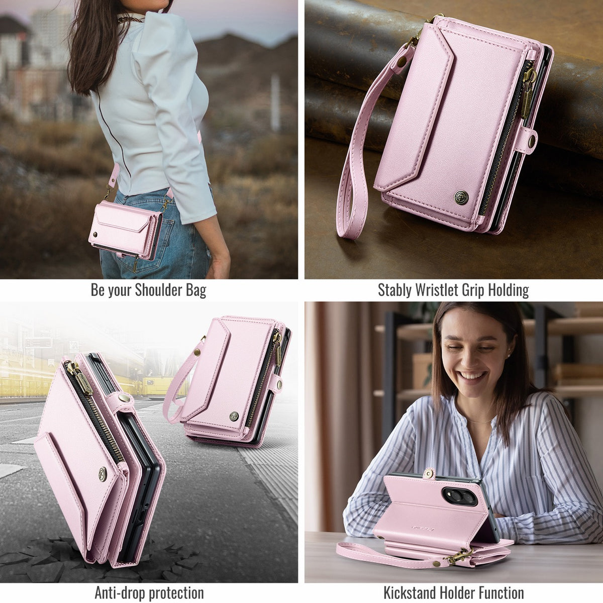 Galaxy Z Fold 8 CaseMe Crossbody Wallet Case with Strap, Card Slots & Zipper Pocket [Pink]