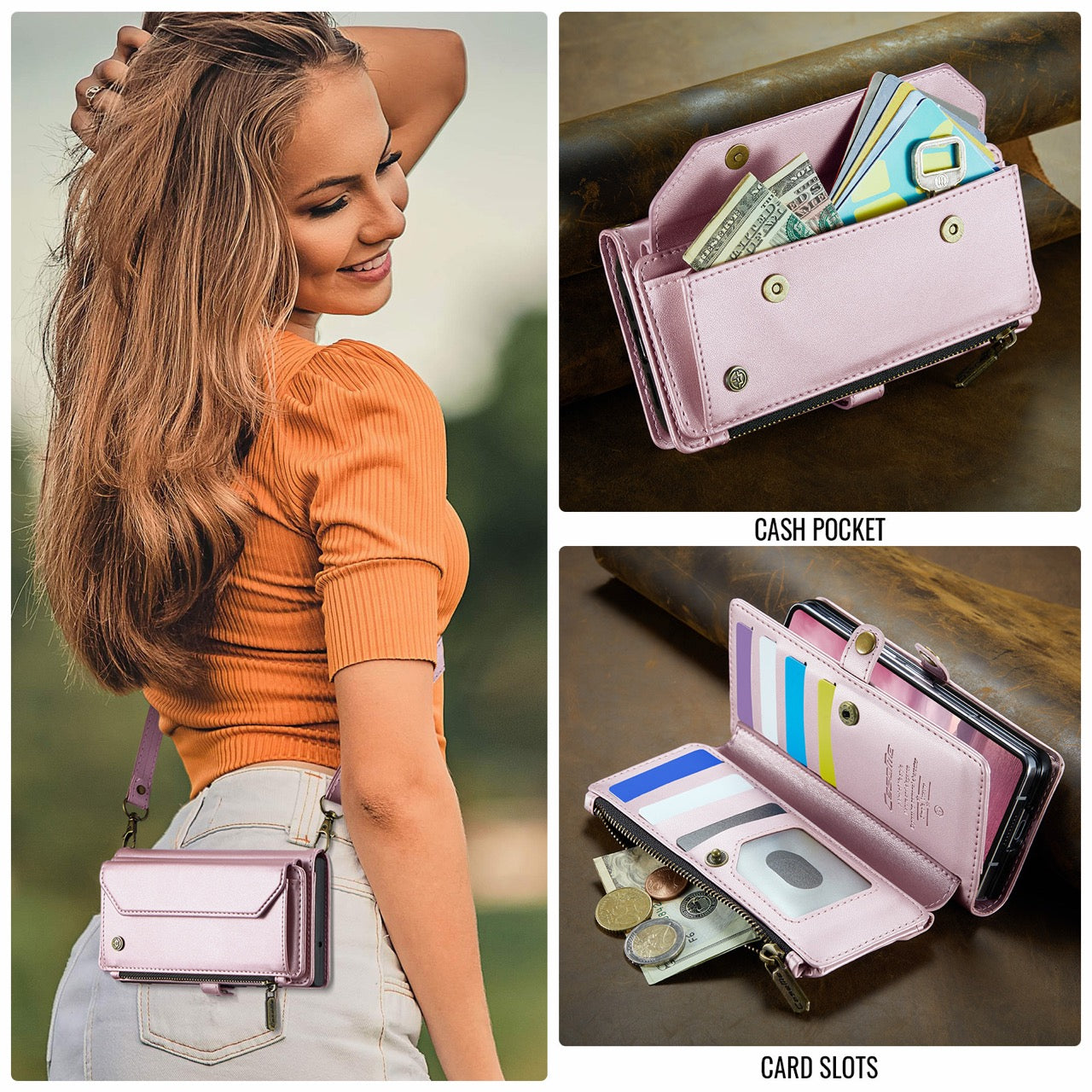 Galaxy Z Fold 8 CaseMe Crossbody Wallet Case with Strap, Card Slots & Zipper Pocket [Pink]