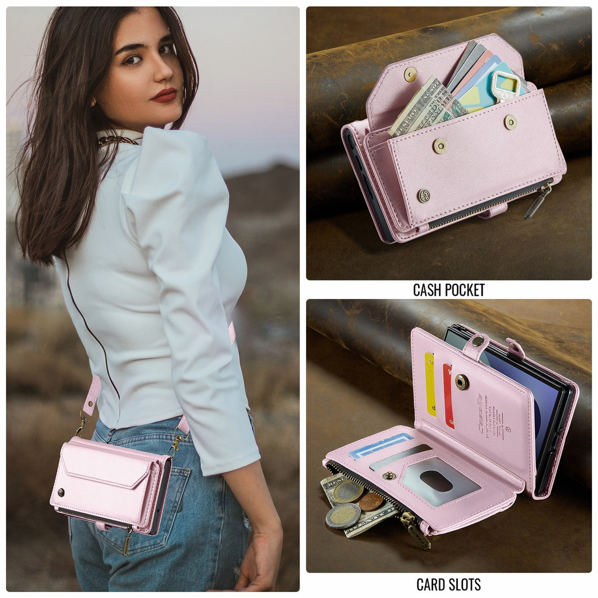 Galaxy Z Fold 8 CaseMe Crossbody Wallet Case with Strap, Card Slots & Zipper Pocket [Pink]