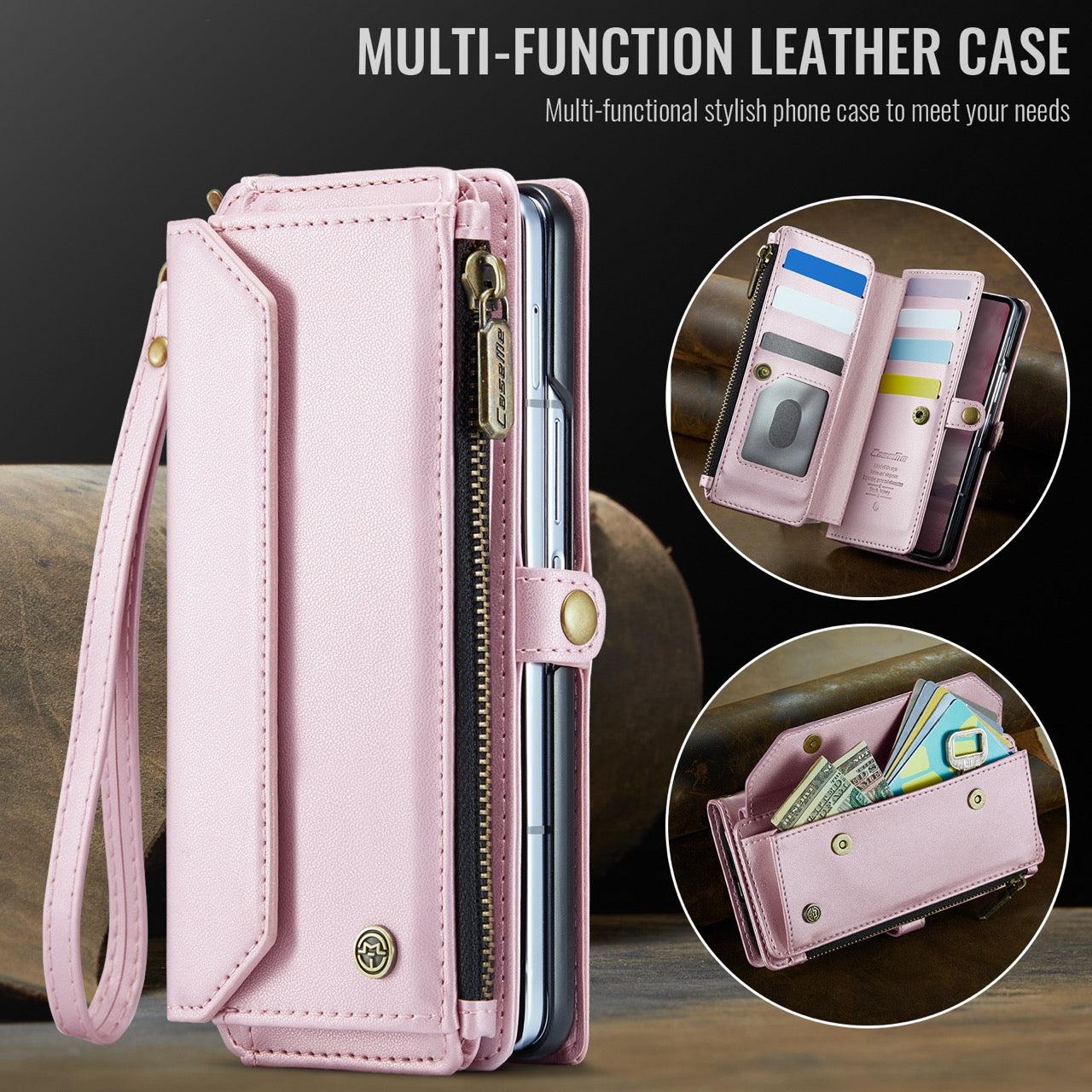 Galaxy Z Fold 8 CaseMe Crossbody Wallet Case with Strap, Card Slots & Zipper Pocket [Pink]