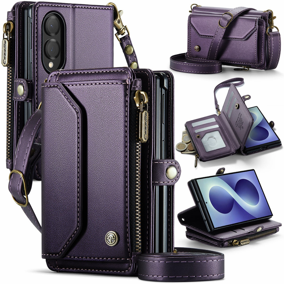 Galaxy Z Fold 8 CaseMe Crossbody Wallet Case with Strap, Card Slots & Zipper Pocket [Purple]