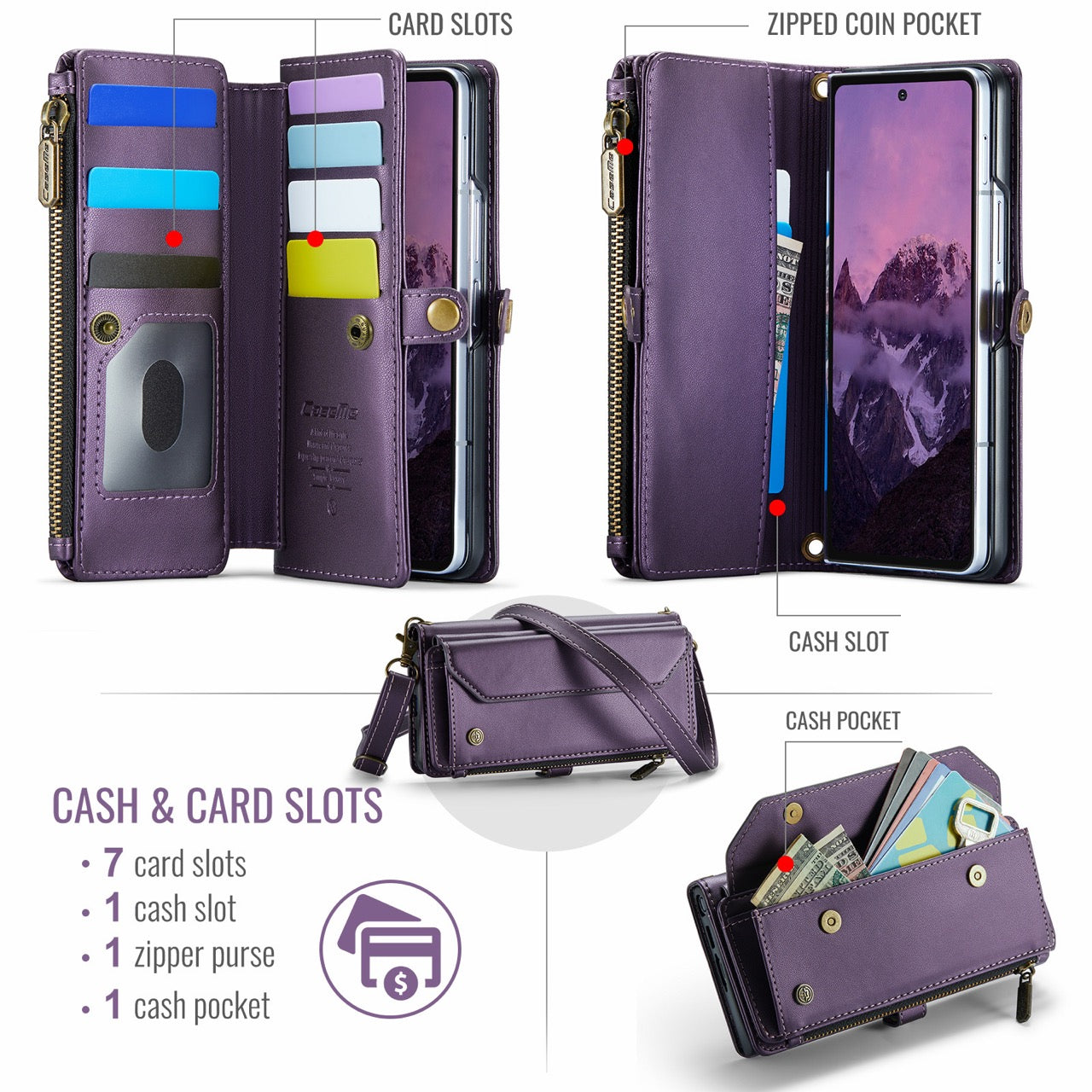 Galaxy Z Fold 8 CaseMe Crossbody Wallet Case with Strap, Card Slots & Zipper Pocket [Purple]