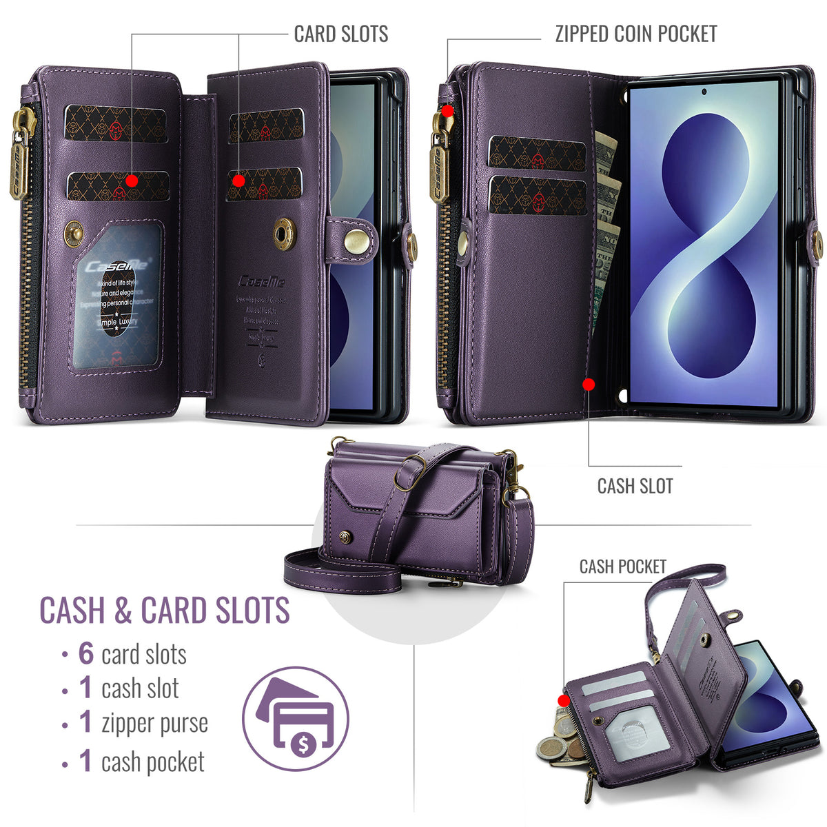 Galaxy Z Fold 8 CaseMe Crossbody Wallet Case with Strap, Card Slots & Zipper Pocket [Purple]