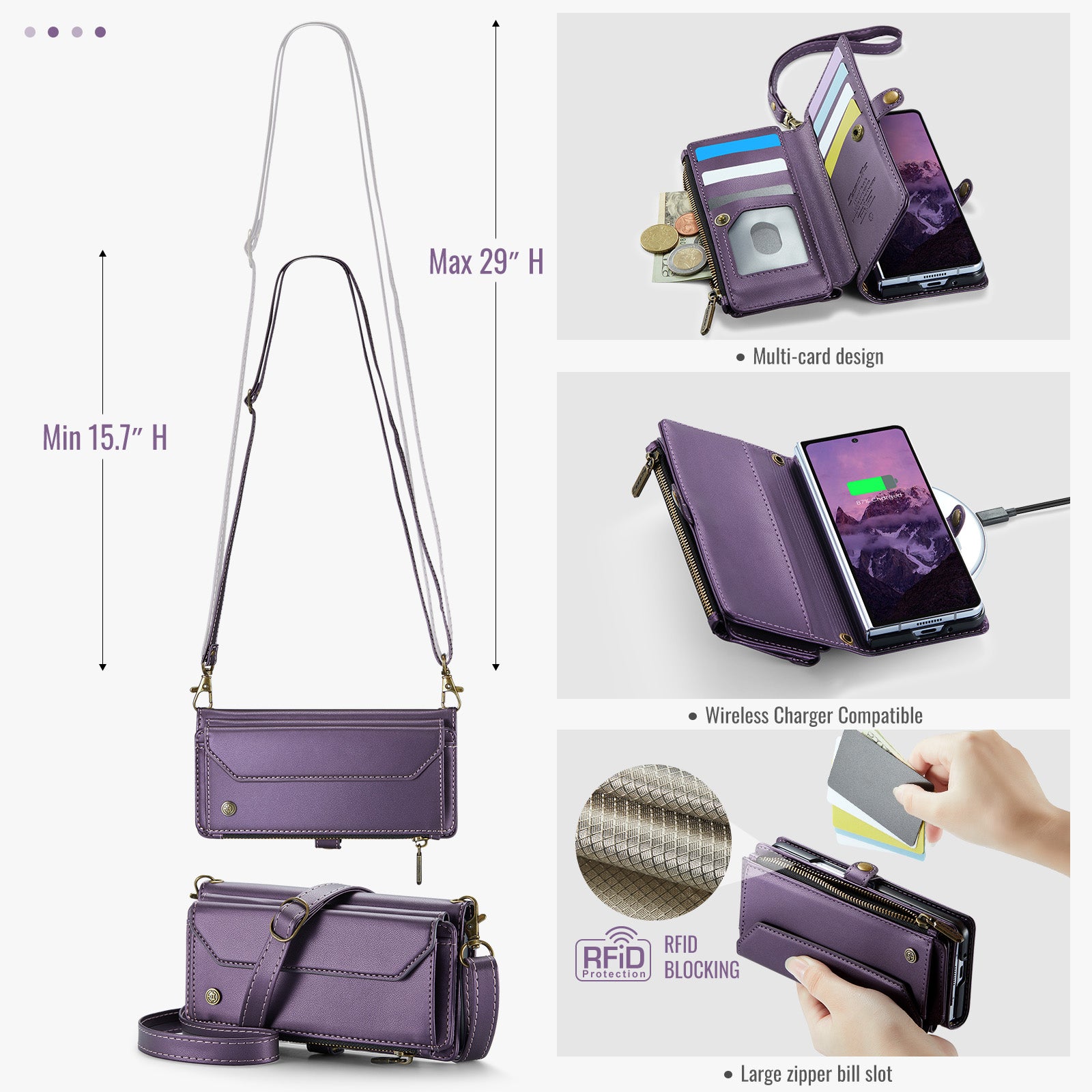 Galaxy Z Fold 8 CaseMe Crossbody Wallet Case with Strap, Card Slots & Zipper Pocket [Purple]