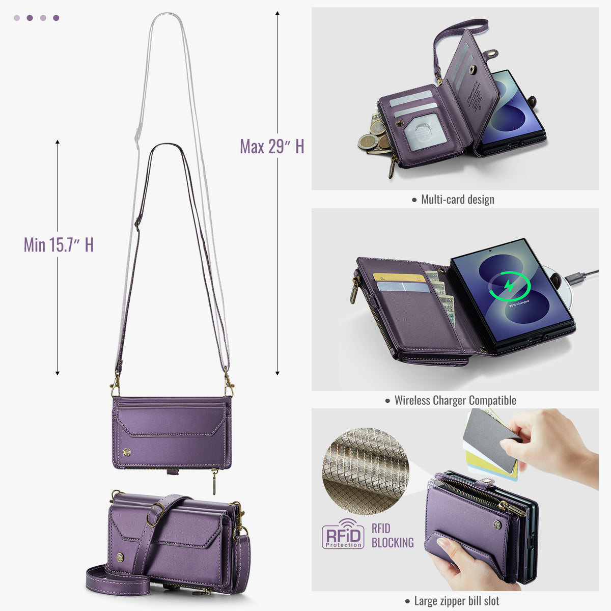 Galaxy Z Fold 8 CaseMe Crossbody Wallet Case with Strap, Card Slots & Zipper Pocket [Purple]