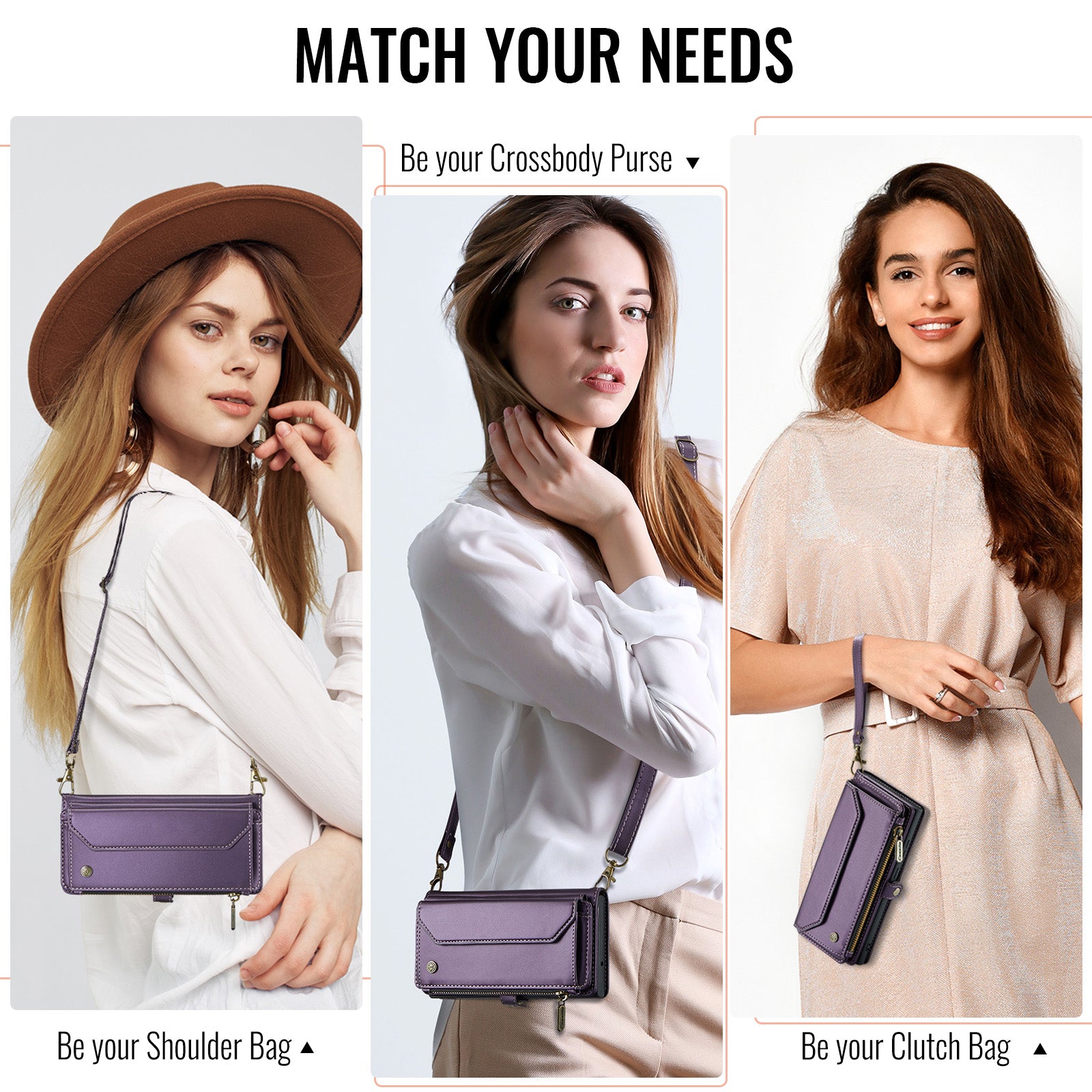 Galaxy Z Fold 8 CaseMe Crossbody Wallet Case with Strap, Card Slots & Zipper Pocket [Purple]