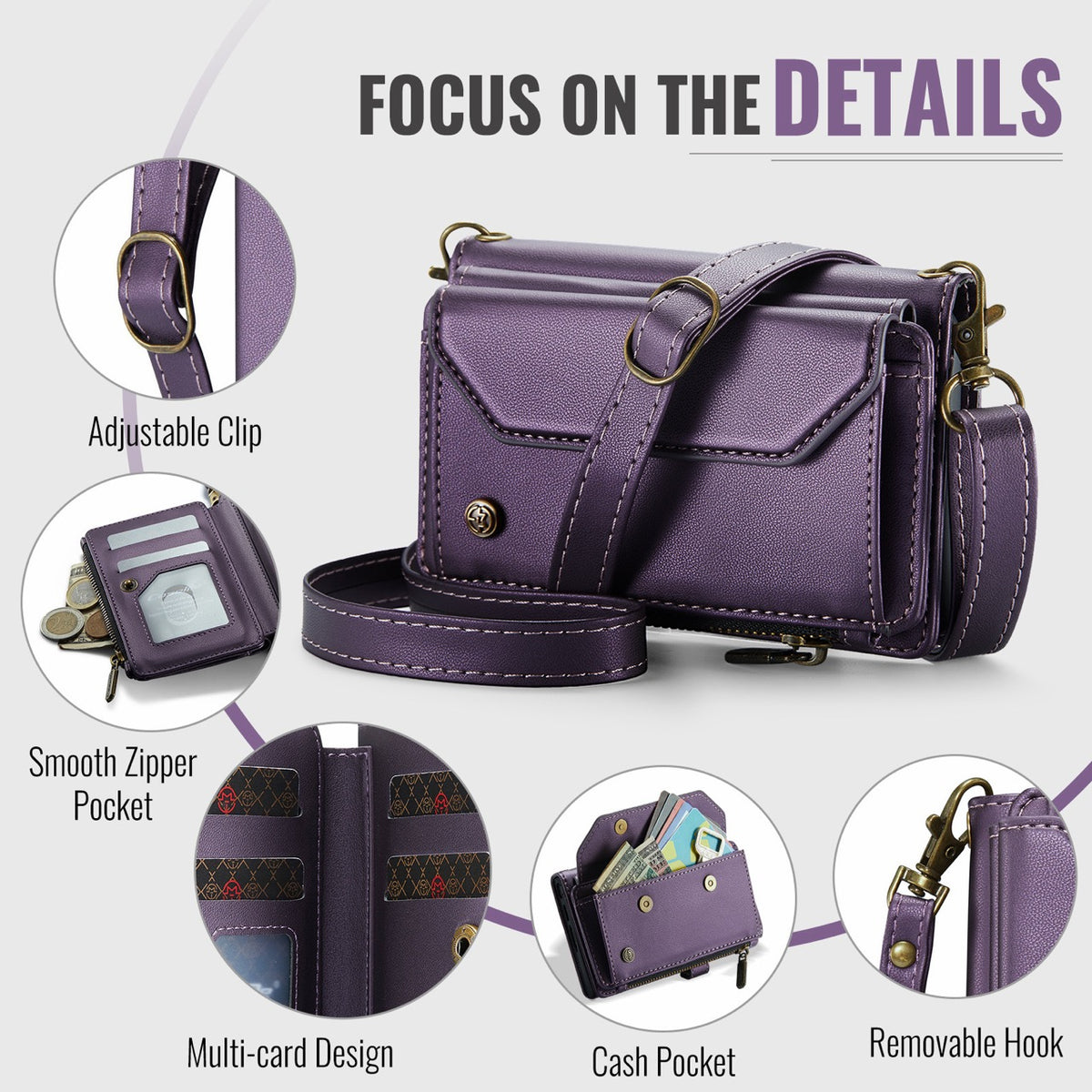 Galaxy Z Fold 8 CaseMe Crossbody Wallet Case with Strap, Card Slots & Zipper Pocket [Purple]