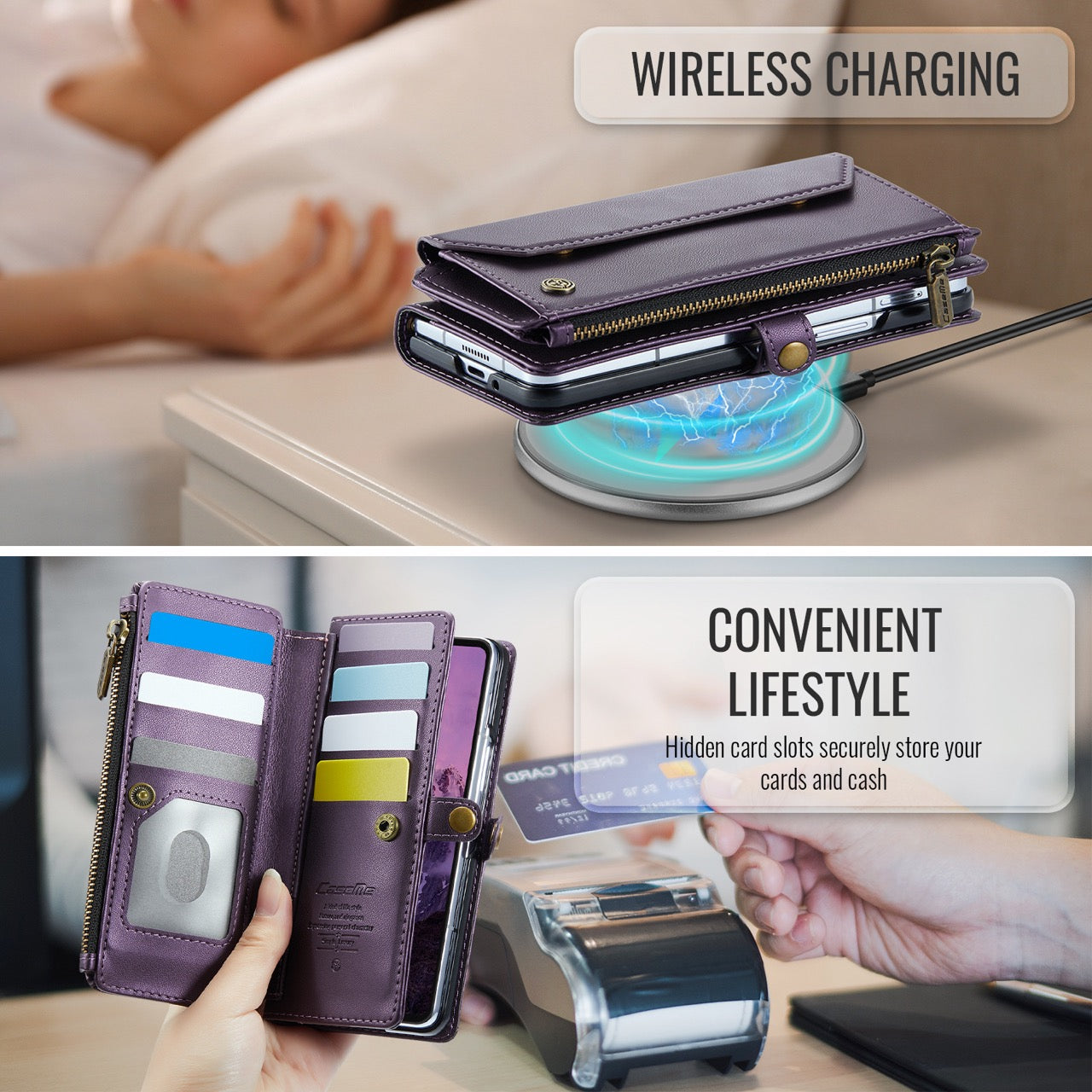Galaxy Z Fold 8 CaseMe Crossbody Wallet Case with Strap, Card Slots & Zipper Pocket [Purple]
