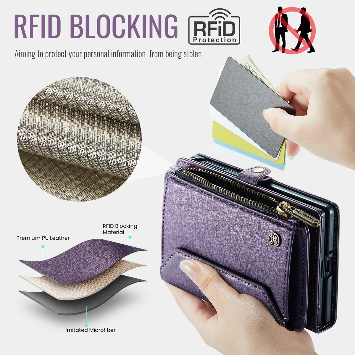 Galaxy Z Fold 8 CaseMe Crossbody Wallet Case with Strap, Card Slots & Zipper Pocket [Purple]