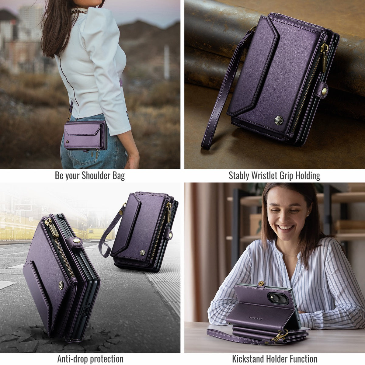 Galaxy Z Fold 8 CaseMe Crossbody Wallet Case with Strap, Card Slots & Zipper Pocket [Purple]