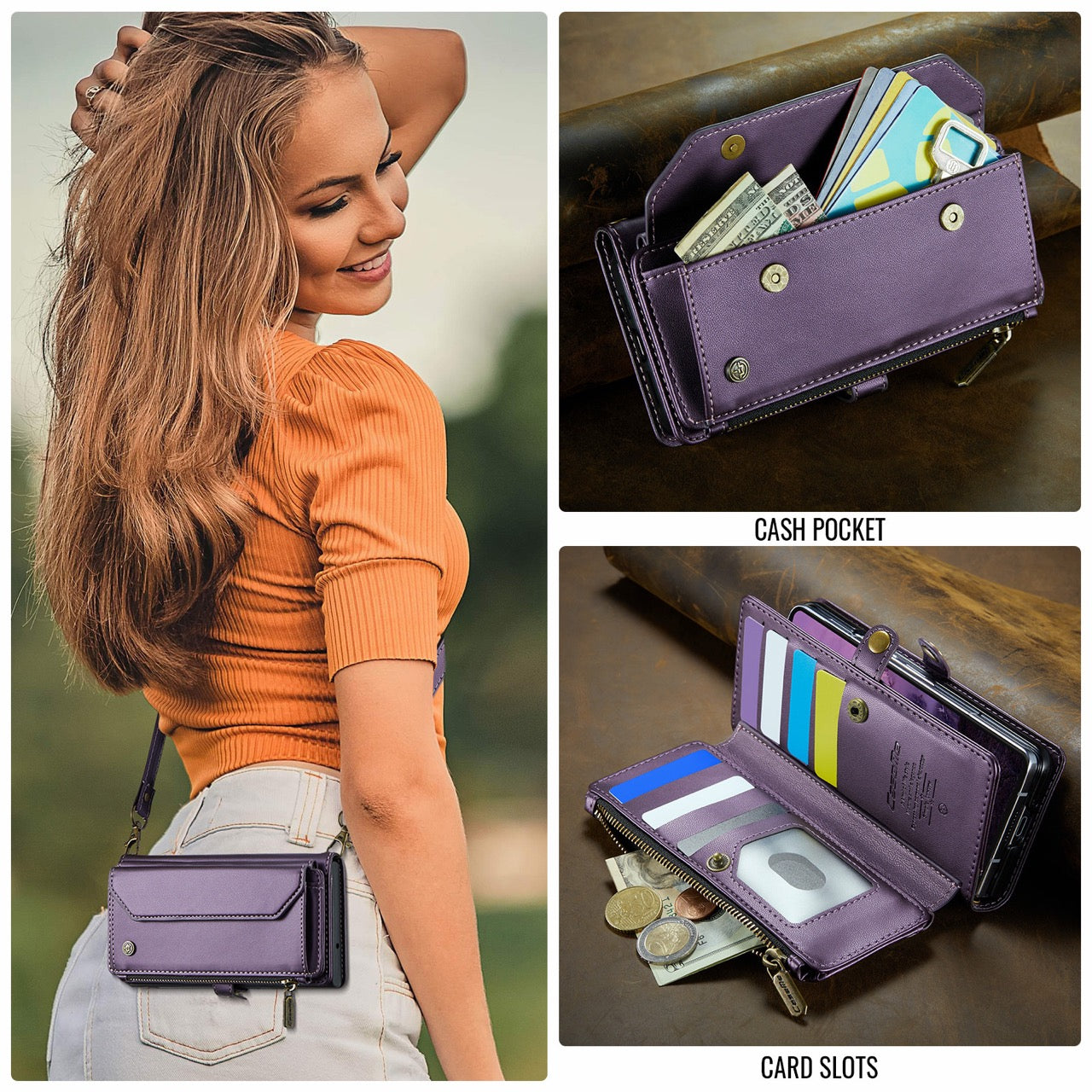 Galaxy Z Fold 8 CaseMe Crossbody Wallet Case with Strap, Card Slots & Zipper Pocket [Purple]