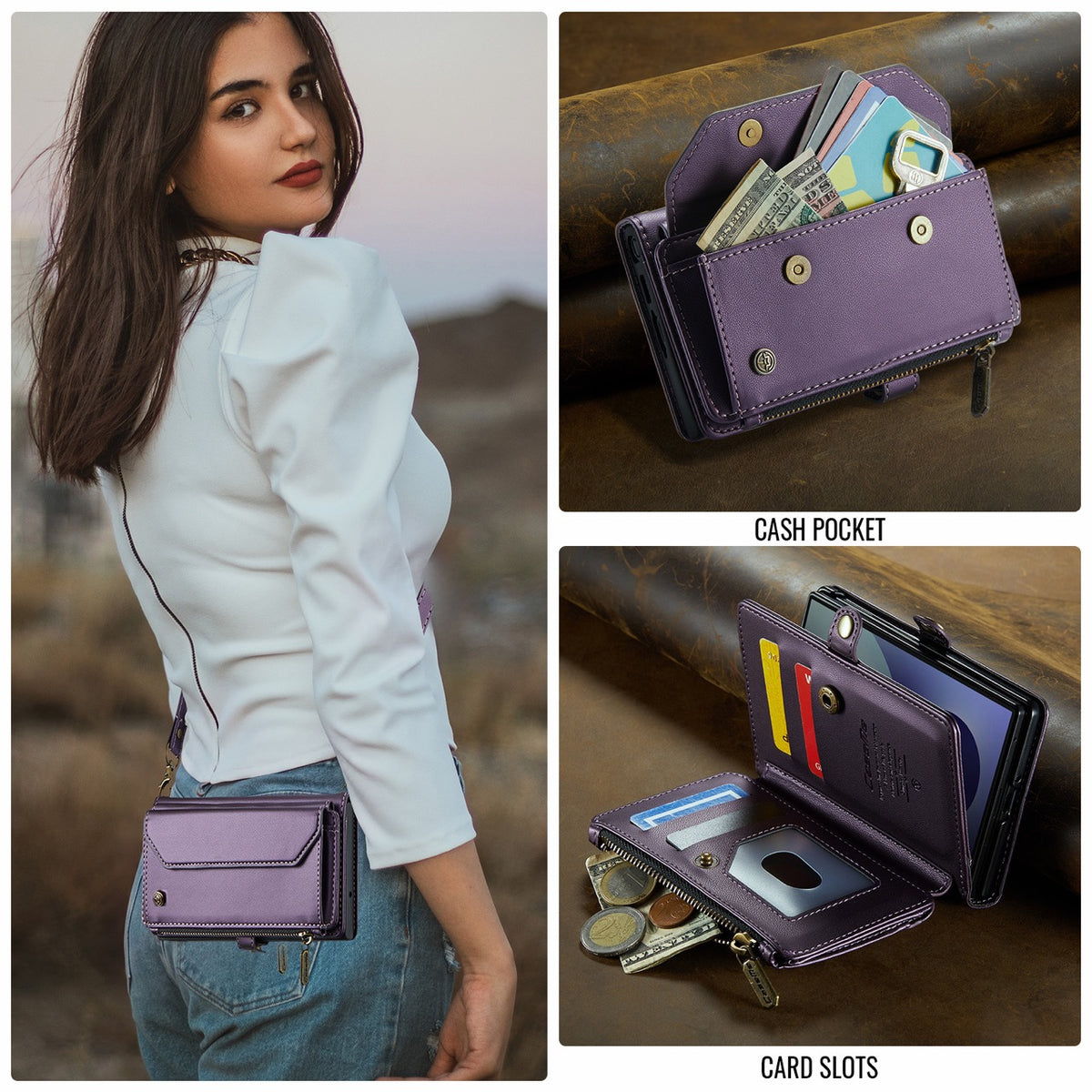 Galaxy Z Fold 8 CaseMe Crossbody Wallet Case with Strap, Card Slots & Zipper Pocket [Purple]