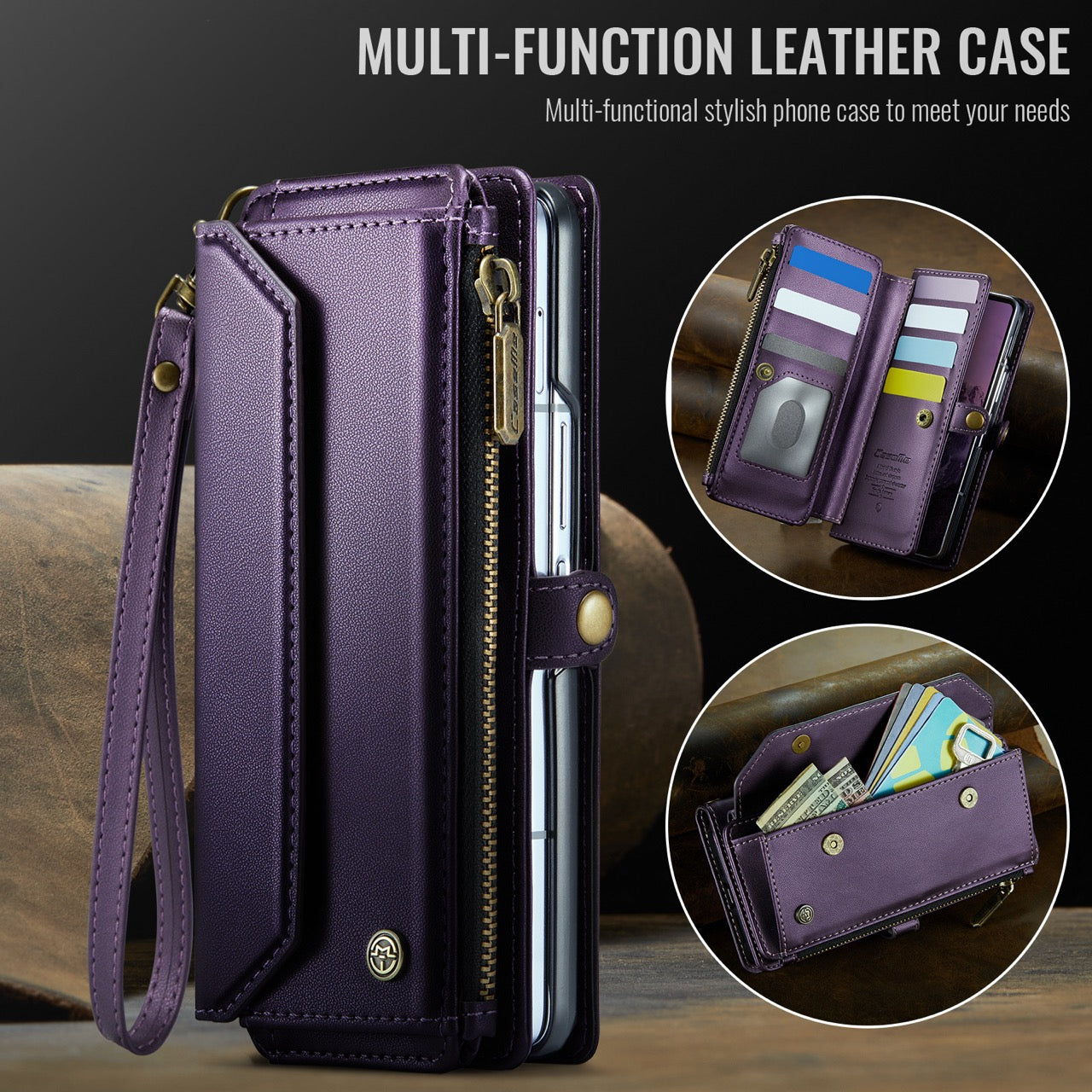 Galaxy Z Fold 8 CaseMe Crossbody Wallet Case with Strap, Card Slots & Zipper Pocket [Purple]
