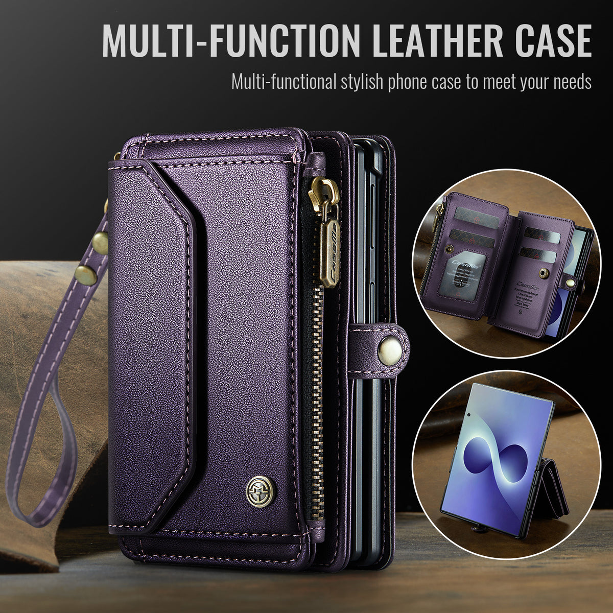 Galaxy Z Fold 8 CaseMe Crossbody Wallet Case with Strap, Card Slots & Zipper Pocket [Purple]