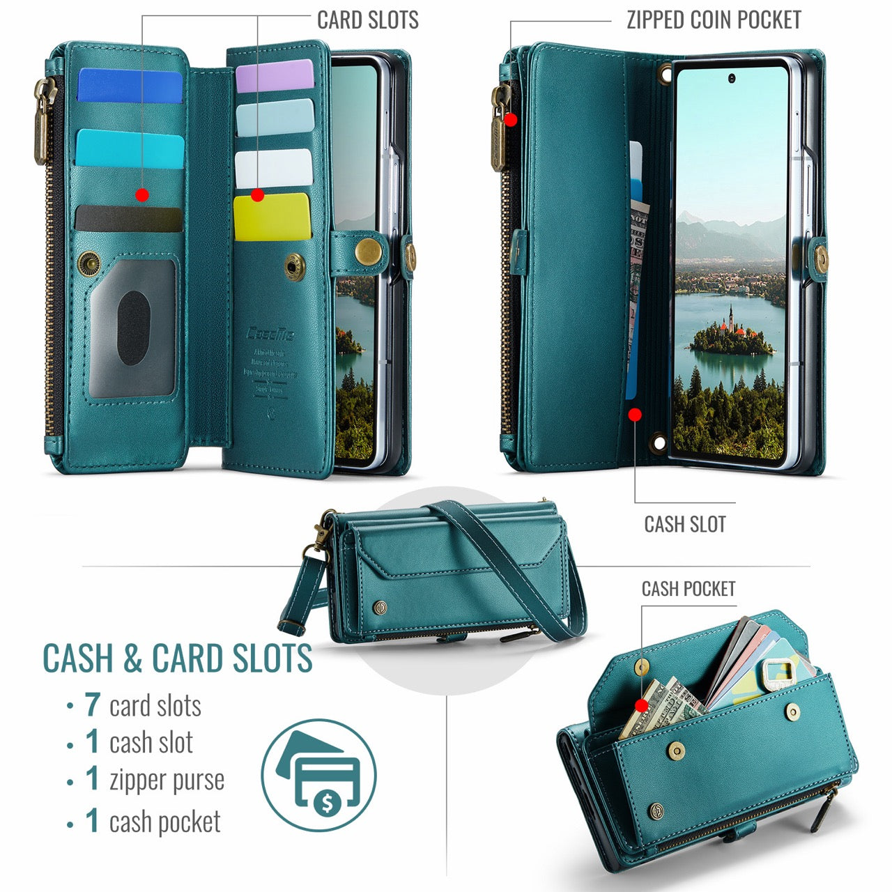 Galaxy Z Fold 8 CaseMe Crossbody Wallet Case with Strap, Card Slots & Zipper Pocket [Teal]