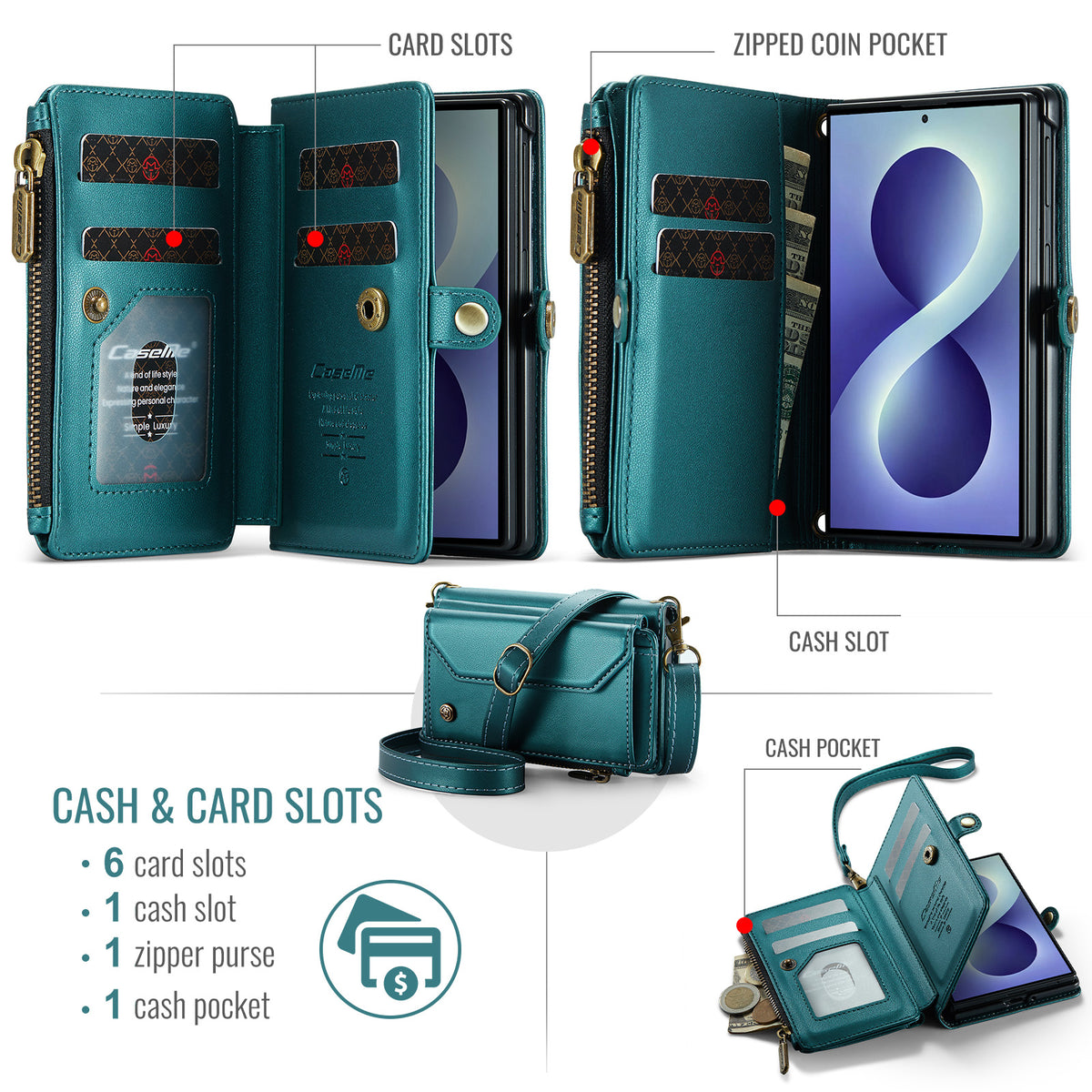 Galaxy Z Fold 8 CaseMe Crossbody Wallet Case with Strap, Card Slots & Zipper Pocket [Teal]