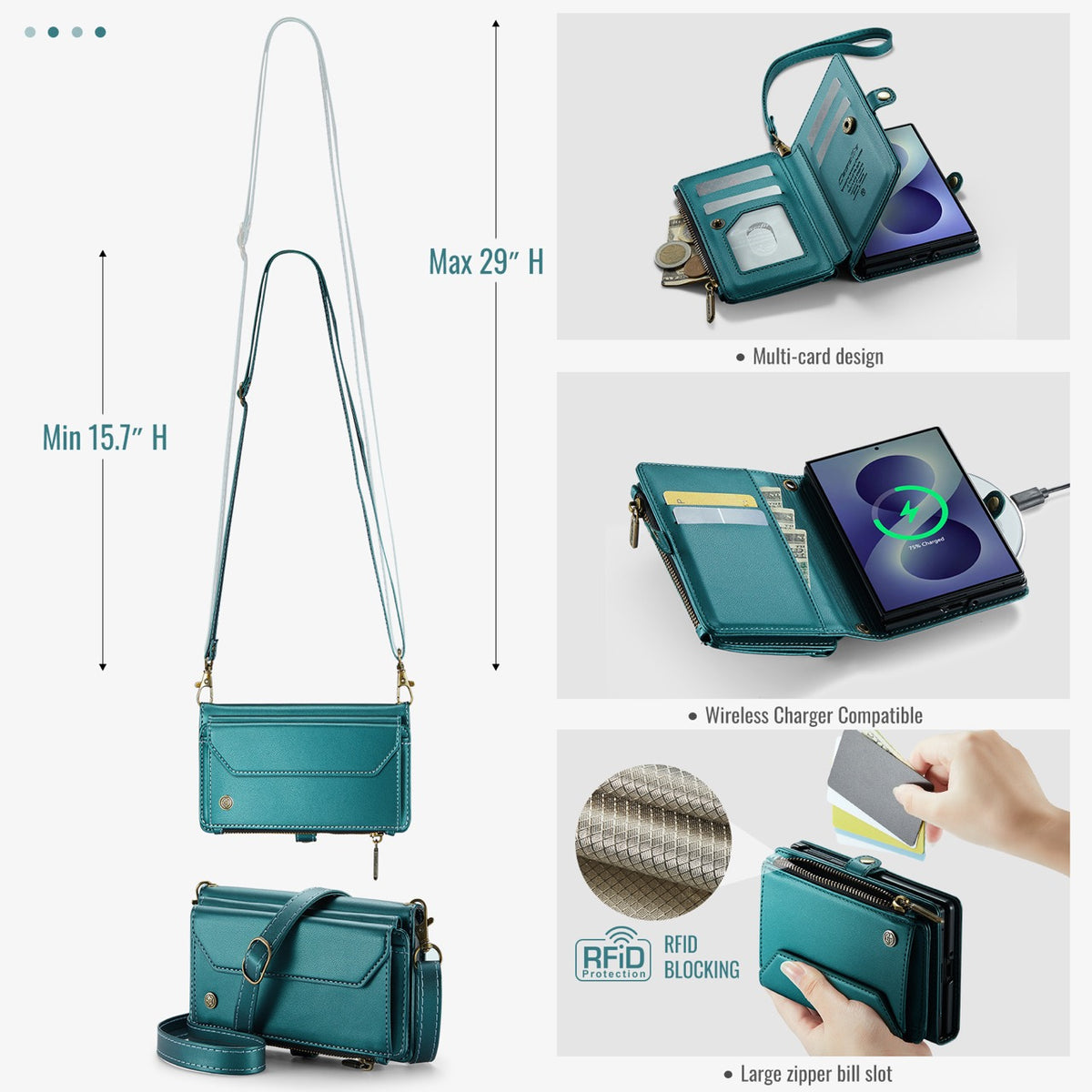 Galaxy Z Fold 8 CaseMe Crossbody Wallet Case with Strap, Card Slots & Zipper Pocket [Teal]