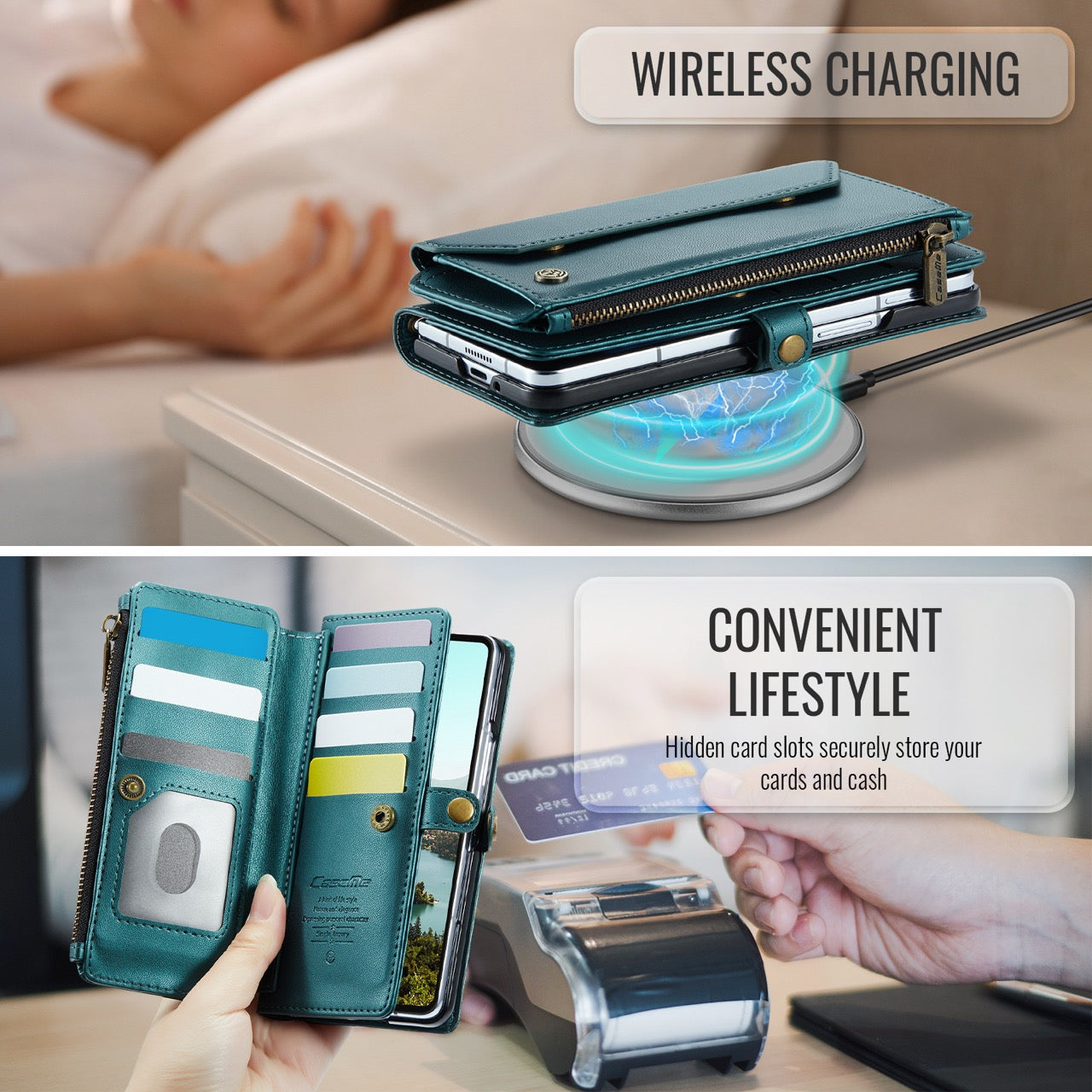 Galaxy Z Fold 8 CaseMe Crossbody Wallet Case with Strap, Card Slots & Zipper Pocket [Teal]