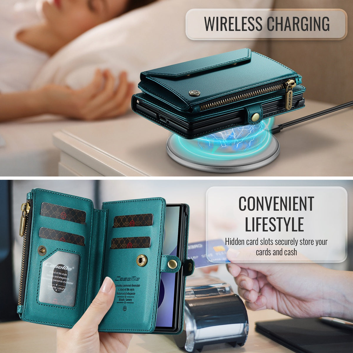 Galaxy Z Fold 8 CaseMe Crossbody Wallet Case with Strap, Card Slots & Zipper Pocket [Teal]