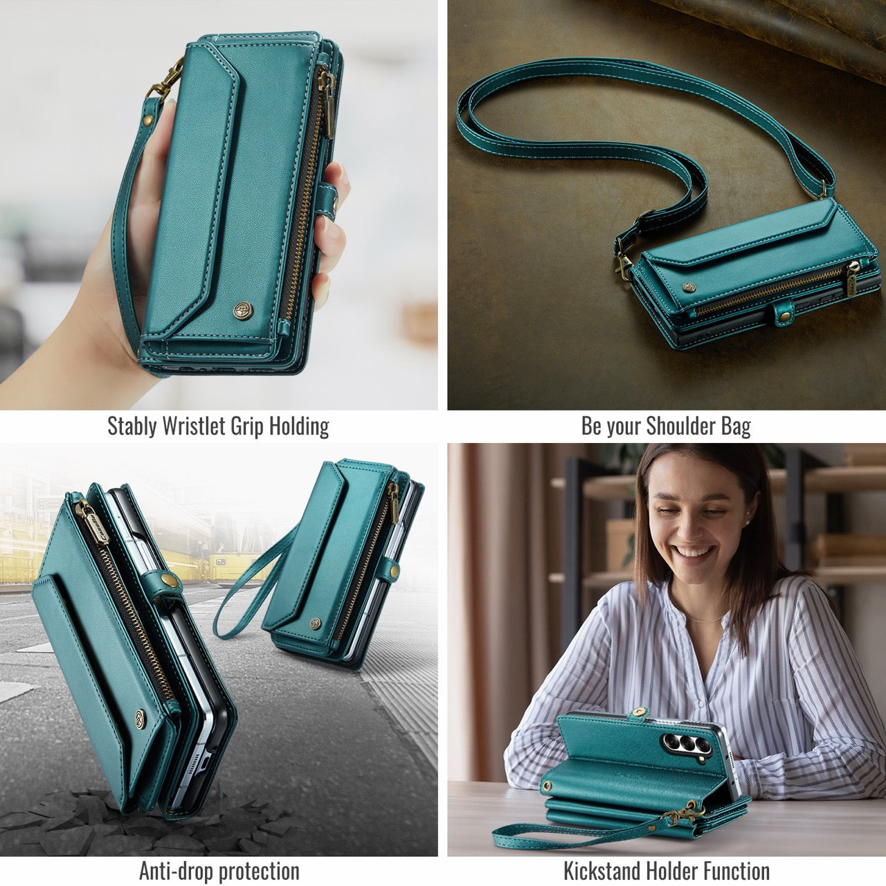 Galaxy Z Fold 8 CaseMe Crossbody Wallet Case with Strap, Card Slots & Zipper Pocket [Teal]