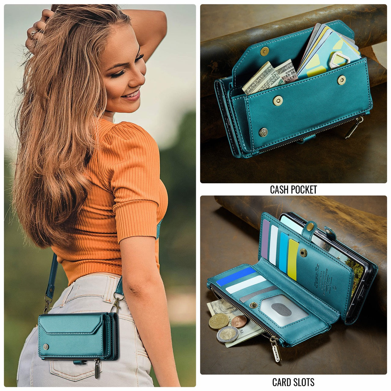 Galaxy Z Fold 8 CaseMe Crossbody Wallet Case with Strap, Card Slots & Zipper Pocket [Teal]