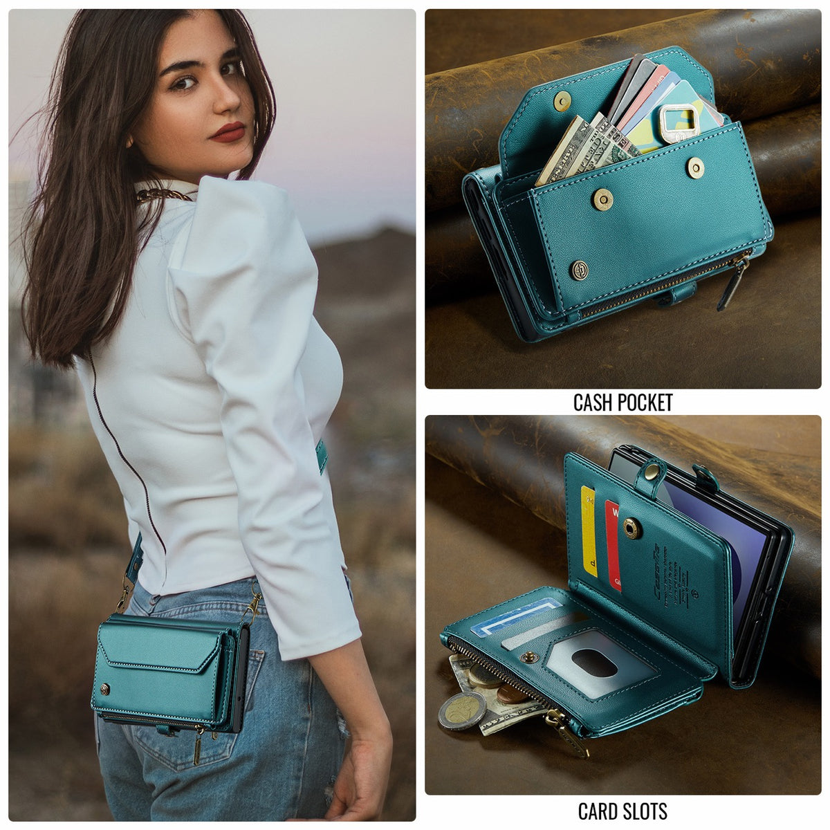 Galaxy Z Fold 8 CaseMe Crossbody Wallet Case with Strap, Card Slots & Zipper Pocket [Teal]