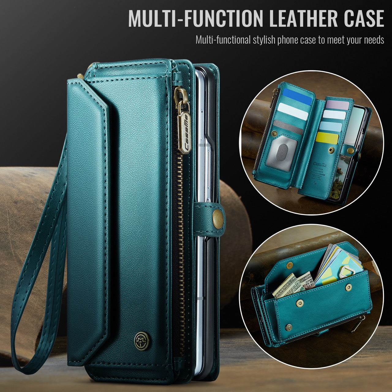 Galaxy Z Fold 8 CaseMe Crossbody Wallet Case with Strap, Card Slots & Zipper Pocket [Teal]