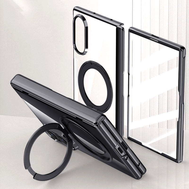 Samsung Galaxy Z Fold 8 Clear Magnetic Case - 360° Rotating Ring Stand & Hinge Shield [Black]