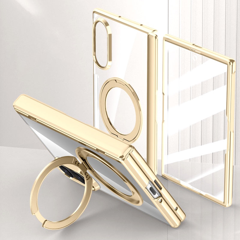 Samsung Galaxy Z Fold 8 Clear Magnetic Case - 360° Rotating Ring Stand & Hinge Shield [Gold]
