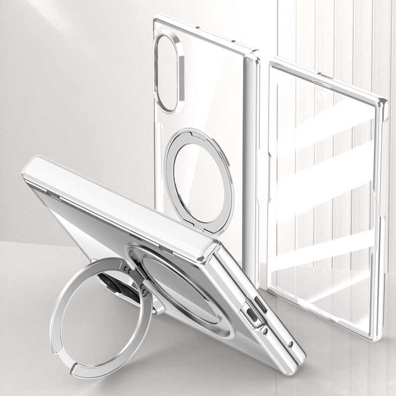 Samsung Galaxy Z Fold 8 Clear Magnetic Case - 360° Rotating Ring Stand & Hinge Shield [Silver]