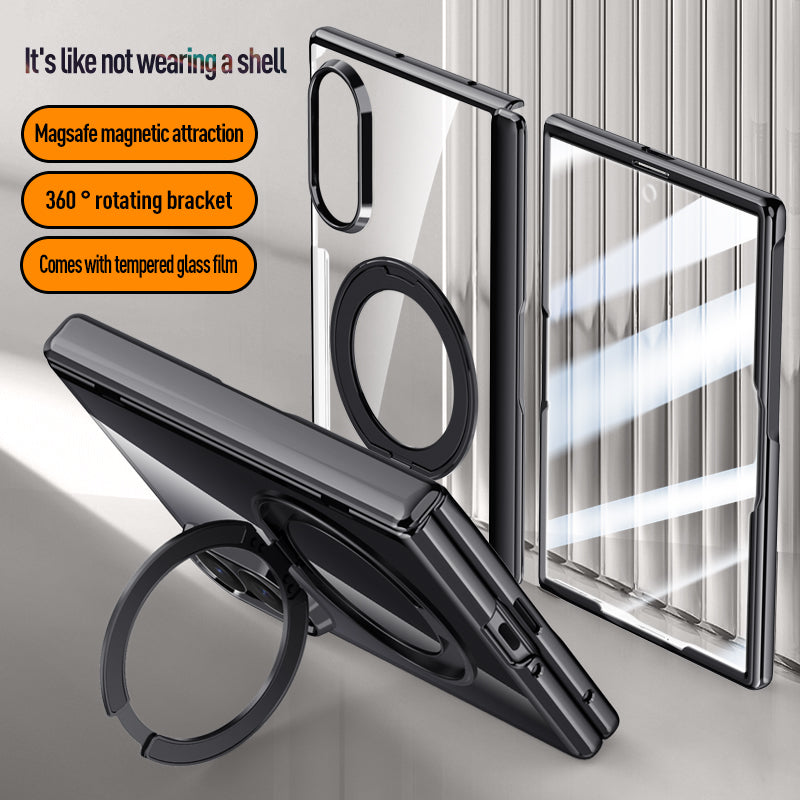 Samsung Galaxy Z Fold 8 Clear Magnetic Case - 360° Rotating Ring Stand & Hinge Shield [Black]
