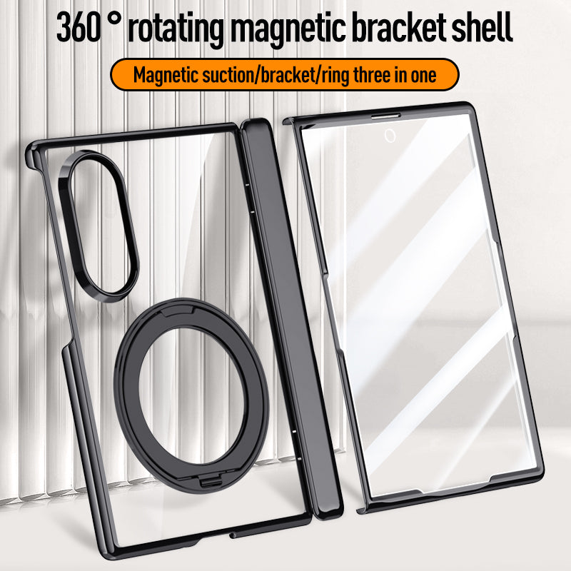 Samsung Galaxy Z Fold 8 Clear Magnetic Case - 360° Rotating Ring Stand & Hinge Shield [Black]