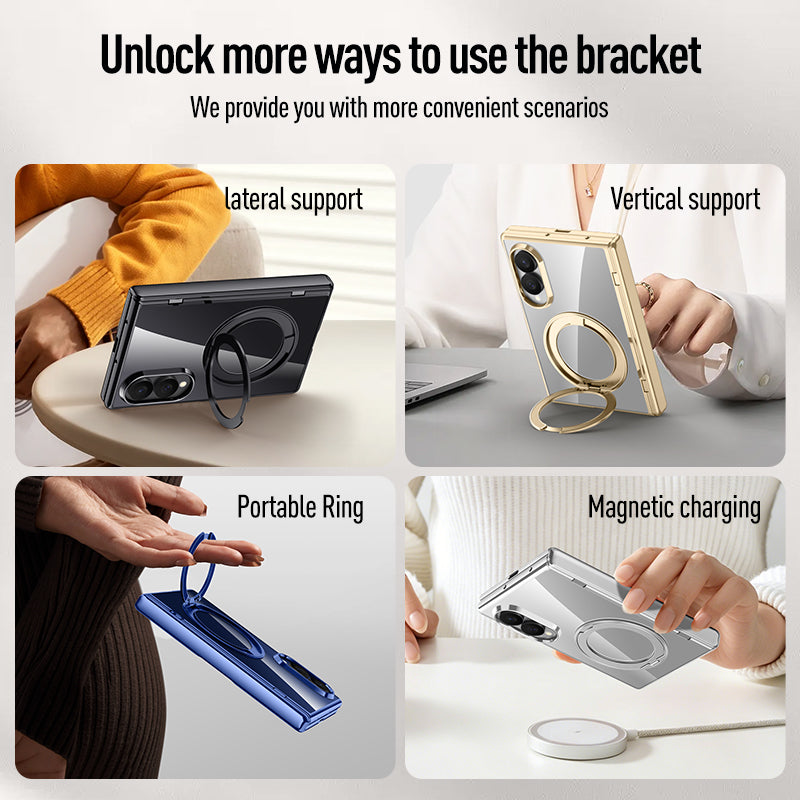 Samsung Galaxy Z Fold 8 Clear Magnetic Case - 360° Rotating Ring Stand & Hinge Shield [Black]