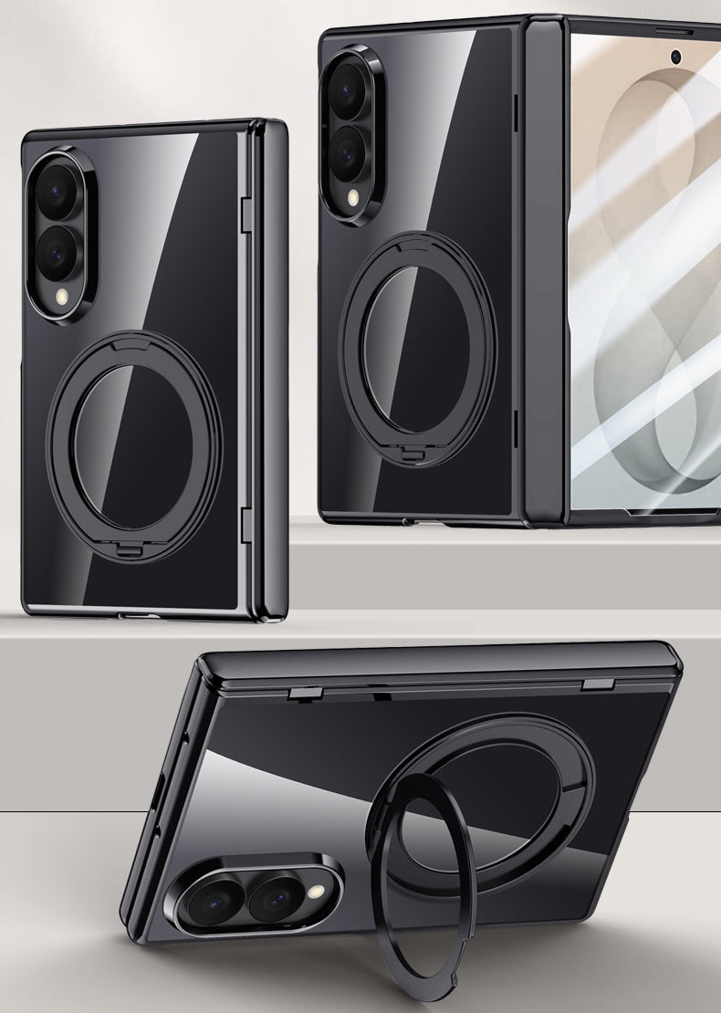 Samsung Galaxy Z Fold 8 Clear Magnetic Case - 360° Rotating Ring Stand & Hinge Shield [Black]
