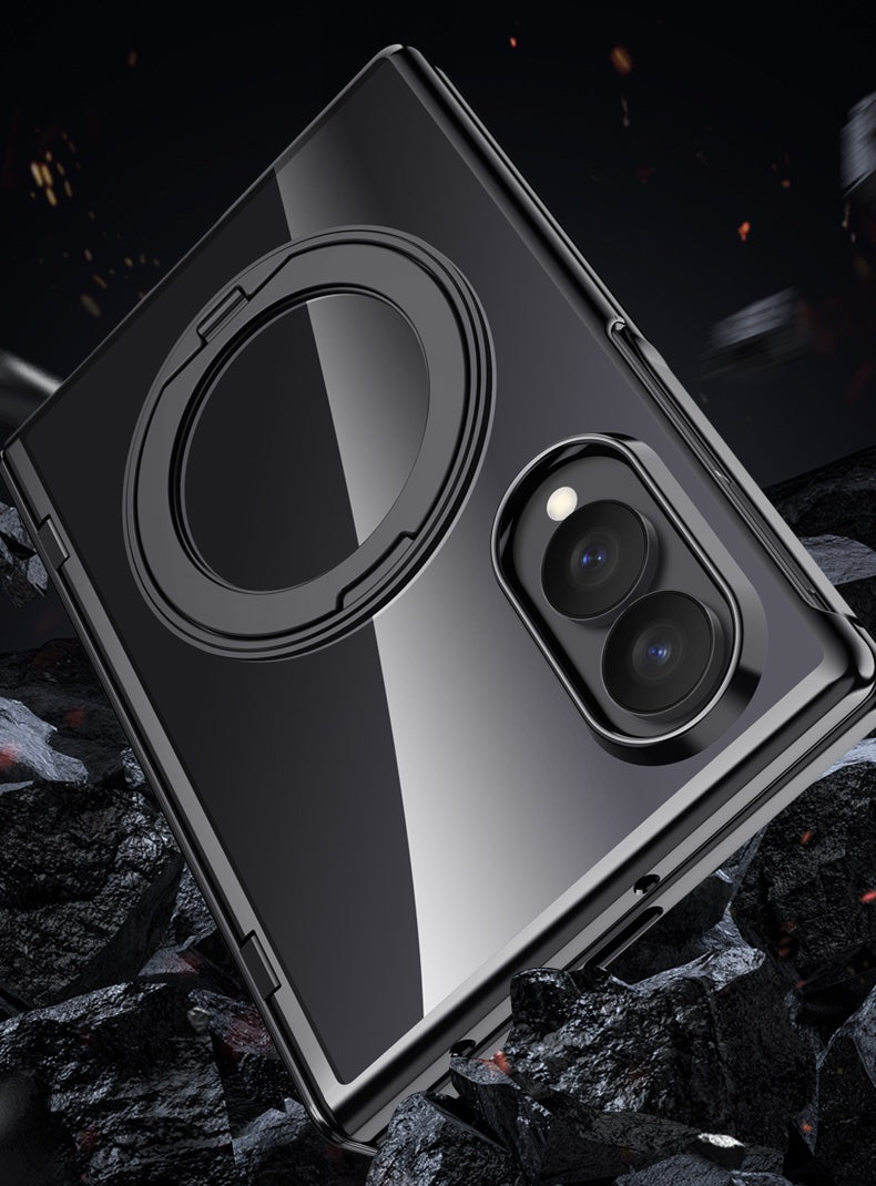 Samsung Galaxy Z Fold 8 Clear Magnetic Case - 360° Rotating Ring Stand & Hinge Shield [Black]