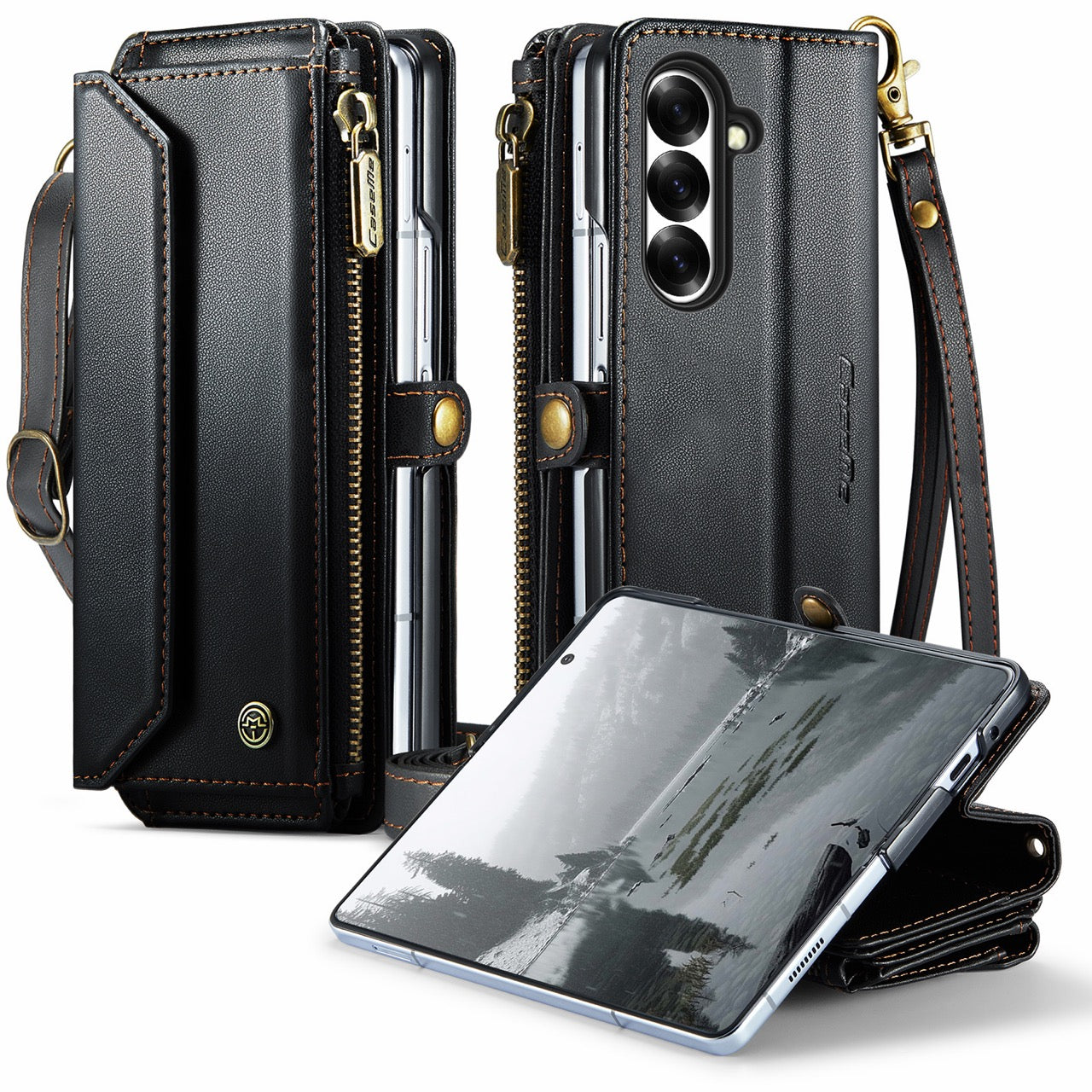 Galaxy Z Fold 8 Ultra CaseMe Crossbody Wallet Case with Strap, Card Slots & Zipper Pocket [Black]