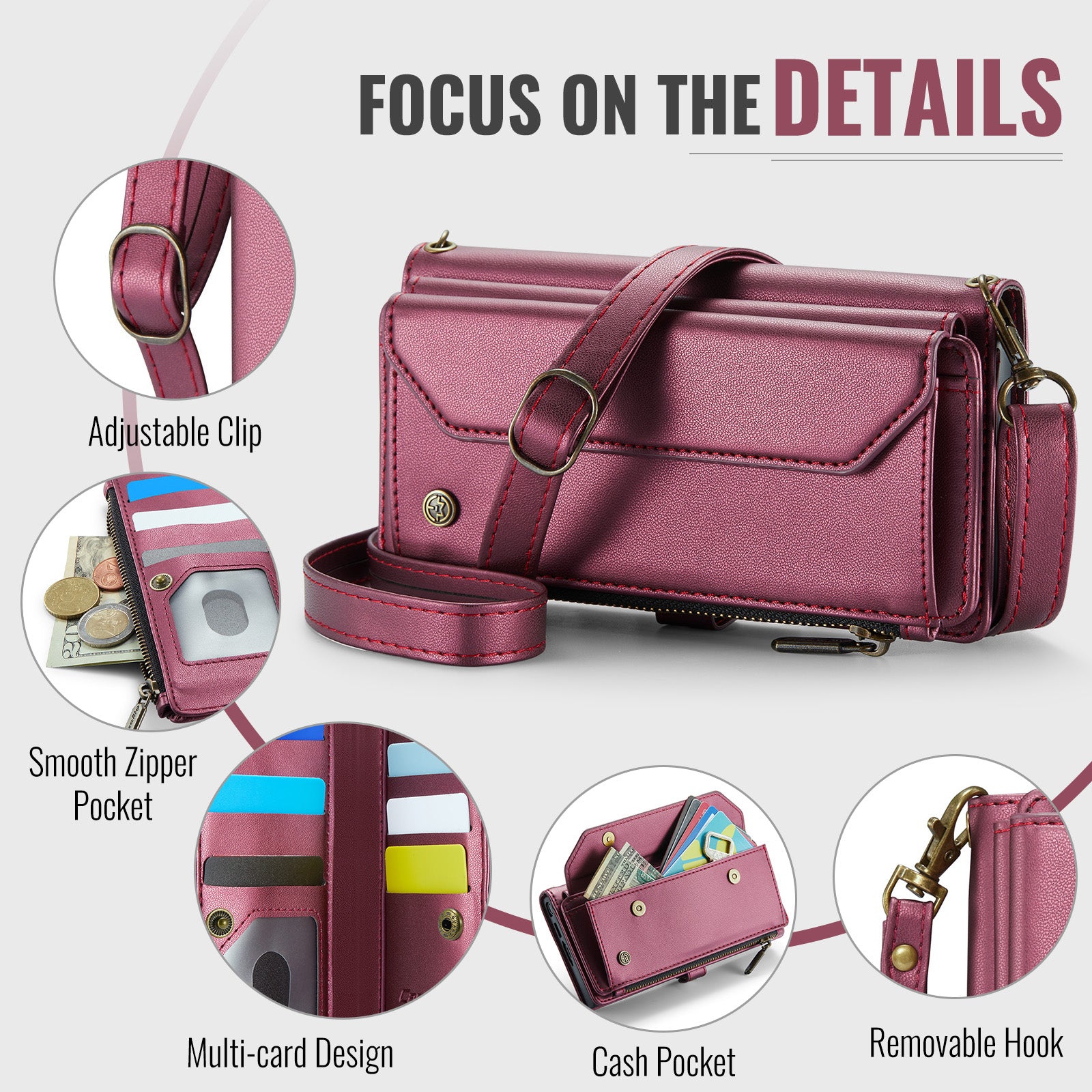Galaxy Z Fold 8 Ultra CaseMe Crossbody Wallet Case with Strap, Card Slots & Zipper Pocket [Maroon]